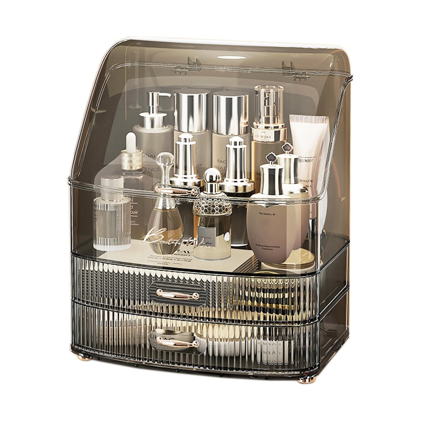 Plukers Makeup Organizer Countertop Vanity with Transparent Lid Drawers Waterproof Dustproof Cosmetic Skincare Bathroom Storage Gift for Women Teens Girls (Clera Black)