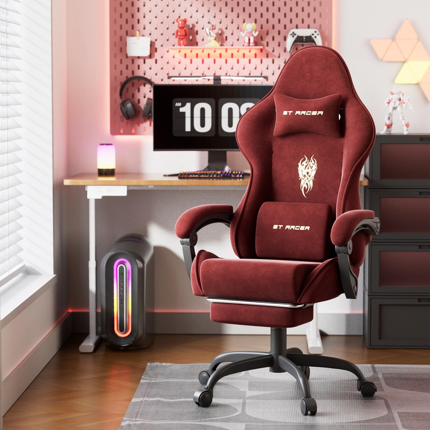 Soontrans Velvet Fabric Gaming Chair for Adult, Ergonomic Comfortable Video Gamer Chair with Footrest, Reclining Office Computer Desk Game Chairs with Massage Lumbar Cushion,Headrest