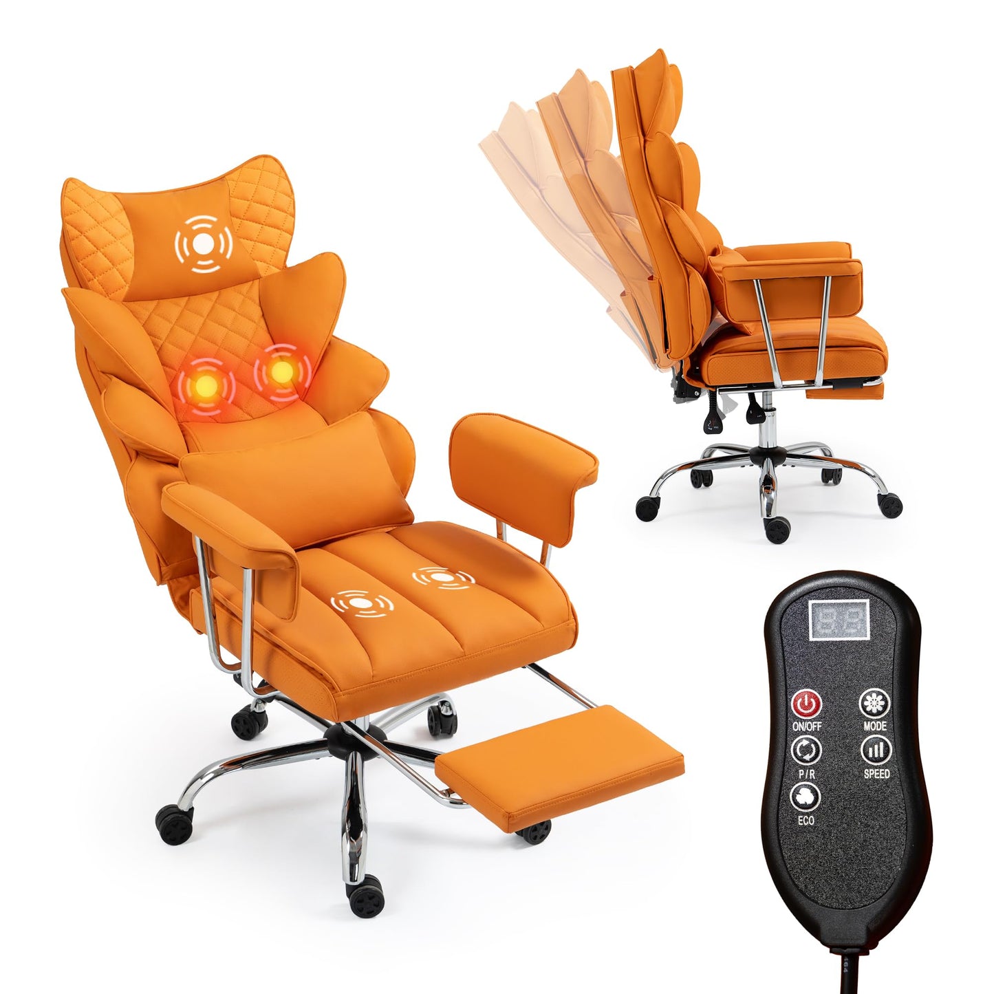 Massage Office Chair 500lbs, Comfortable Big and Tall Gaming Chair with Adjustable Height Headrest and Waist Lumber, Ergonomic Office Chair with Footrest, PU Leather, 4-Stage Air Rod (Orange)