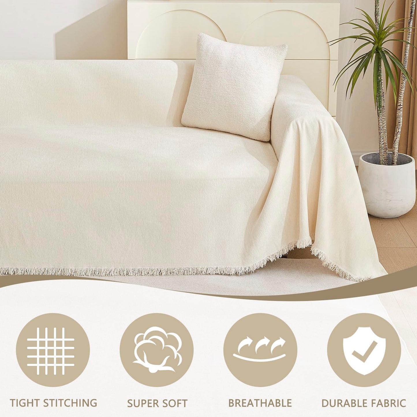 MYSKY HOME Loveseat Cover Beige Couch Cover Sectional Couch Covers for 2 Cushion Couch Sofa Thick Universal Chenille Sofa Cover with Tassel Durable Furniture Protector for Dogs 91" x 118"
