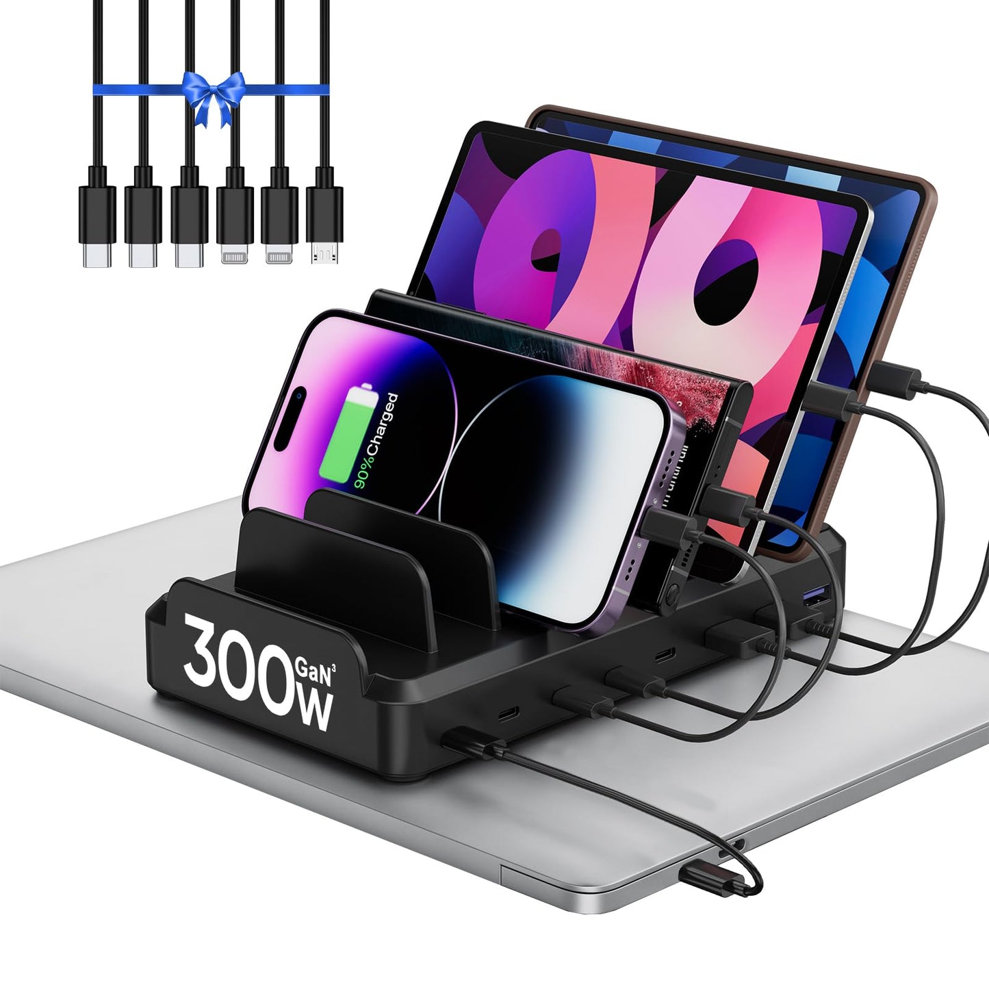 300W Charging Station for Multiple Devices, 8 Port Multi USB C Fast Charger Station Dock for MacBook iPhone 16/15/14/13/12 Samsung Pixel Series iPad, Black (6 Mixed Short Cables Included)