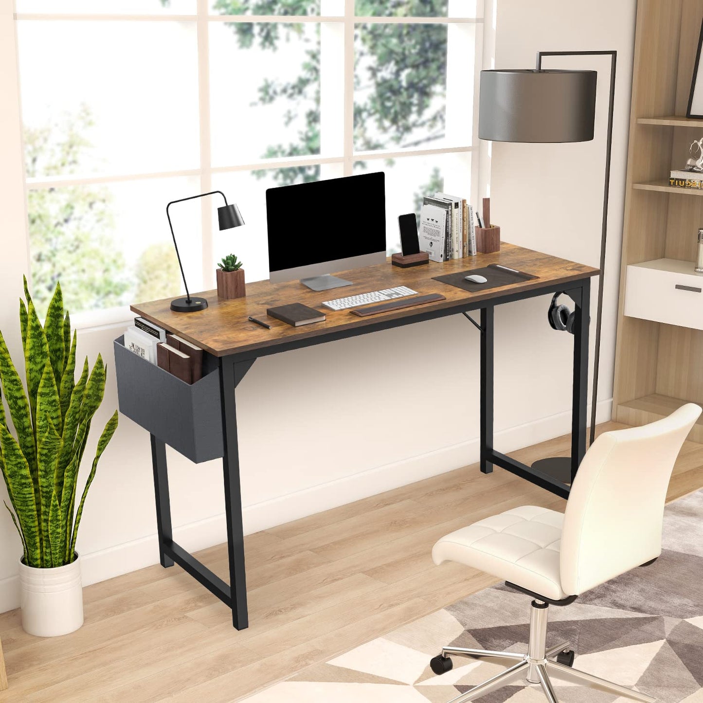 OLIXIS Computer Office Desk, 55 Inch Writing Work Study PC Wood Modern Desk with Storage Bag & Headphone Hook Simple Bedroom for 2 Person Kids Student Table, Rustic Brown