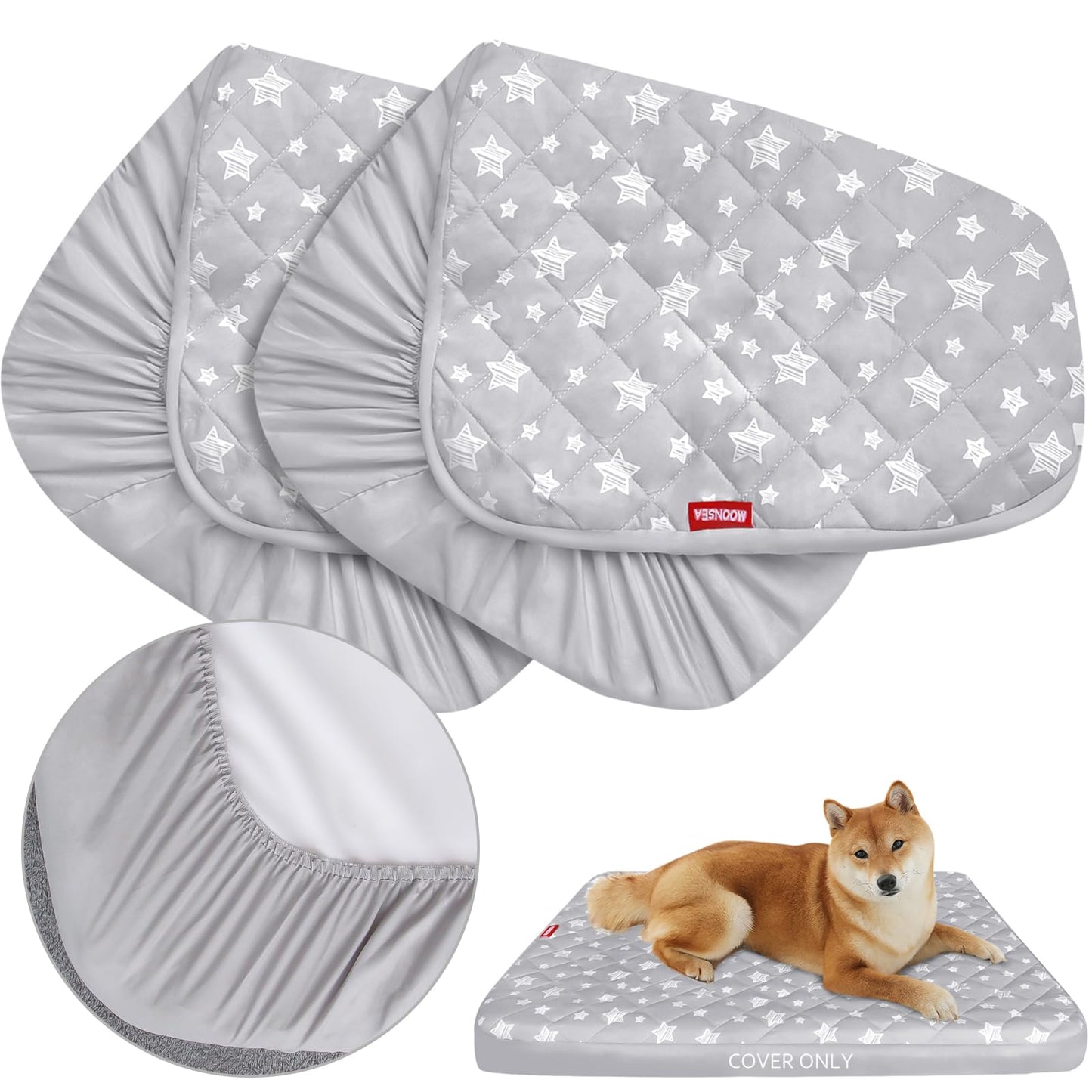 Moonsea Dog Bed Covers Replacement Washable 2 Pack, Waterproof Dog Bed Covers Dog Pillow Cover Quilted, Pet Bed Cover Lovely Grey Star Print, Puppy Bed Cover 27x36 Inches, for Dog/Cat, Cover Only