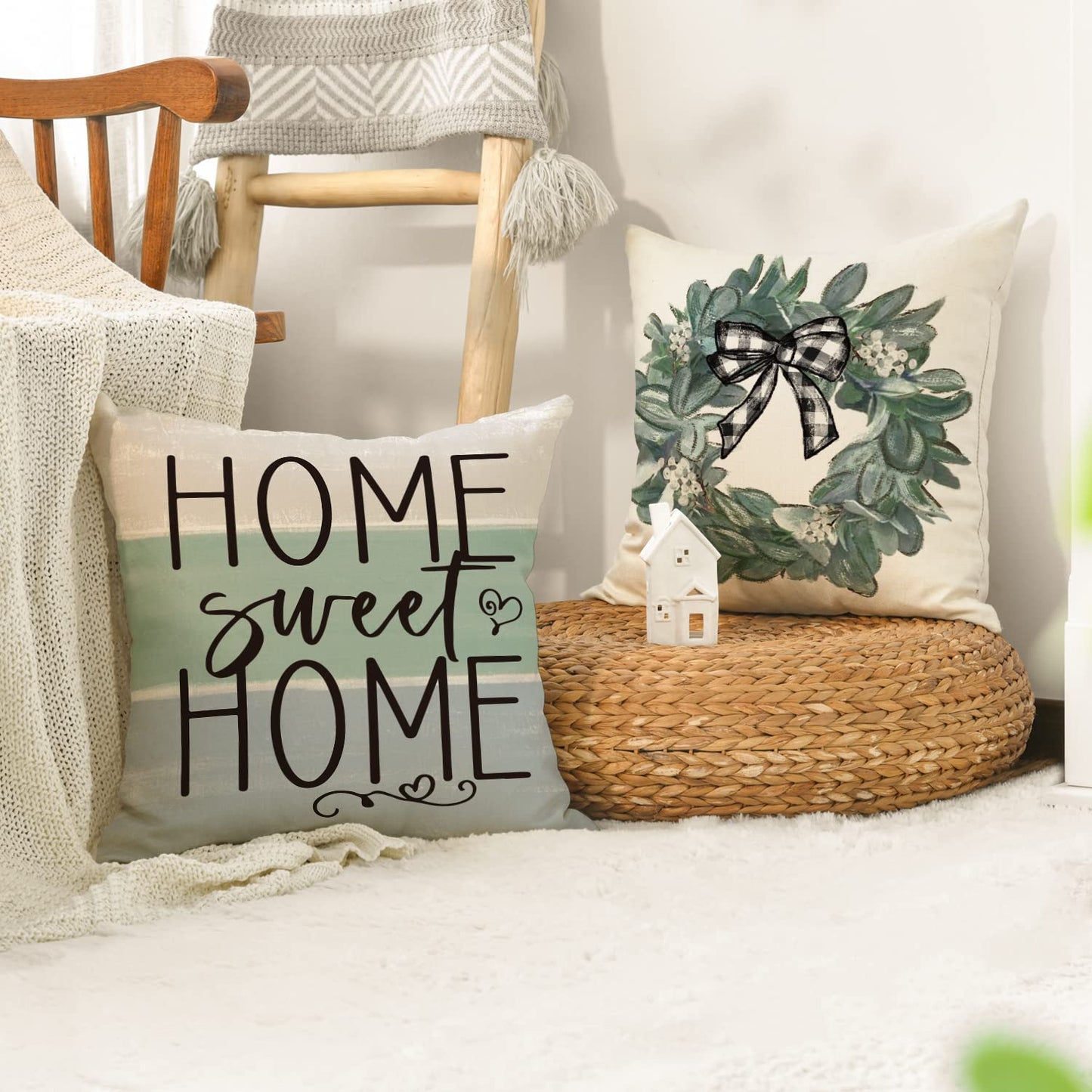 AVOIN colorlife Spring Sweet Home Eucalyptus Lamb Ear Wreath Throw Pillow Covers, 18 x 18 Inch Bless Our Home Buffalo Plaid Cushion Case for Sofa Couch Set of 4