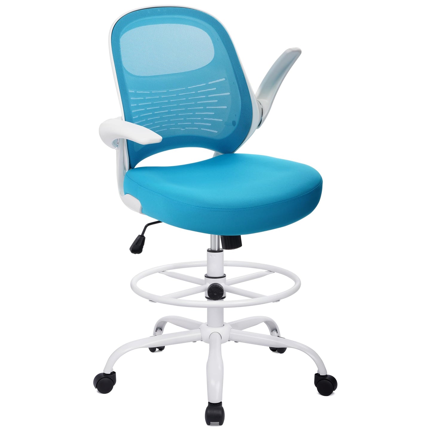 HYLONE Drafting Chair with Flip-Up Arms, Adjustable Height & Lumbar Support Tall Office Chair for Standing Desk, Ergonomic Drafting Stool Chair (Blue)