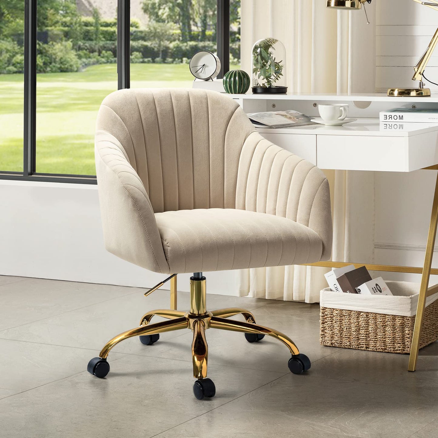 HULALA HOME Velvet Home Office Desk Chair, Modern Cute Computer Task Chair, Wheels Swivel Height Adjustable Upholstered Vanity Chair for Women, Girls (Gold Base, Tan)