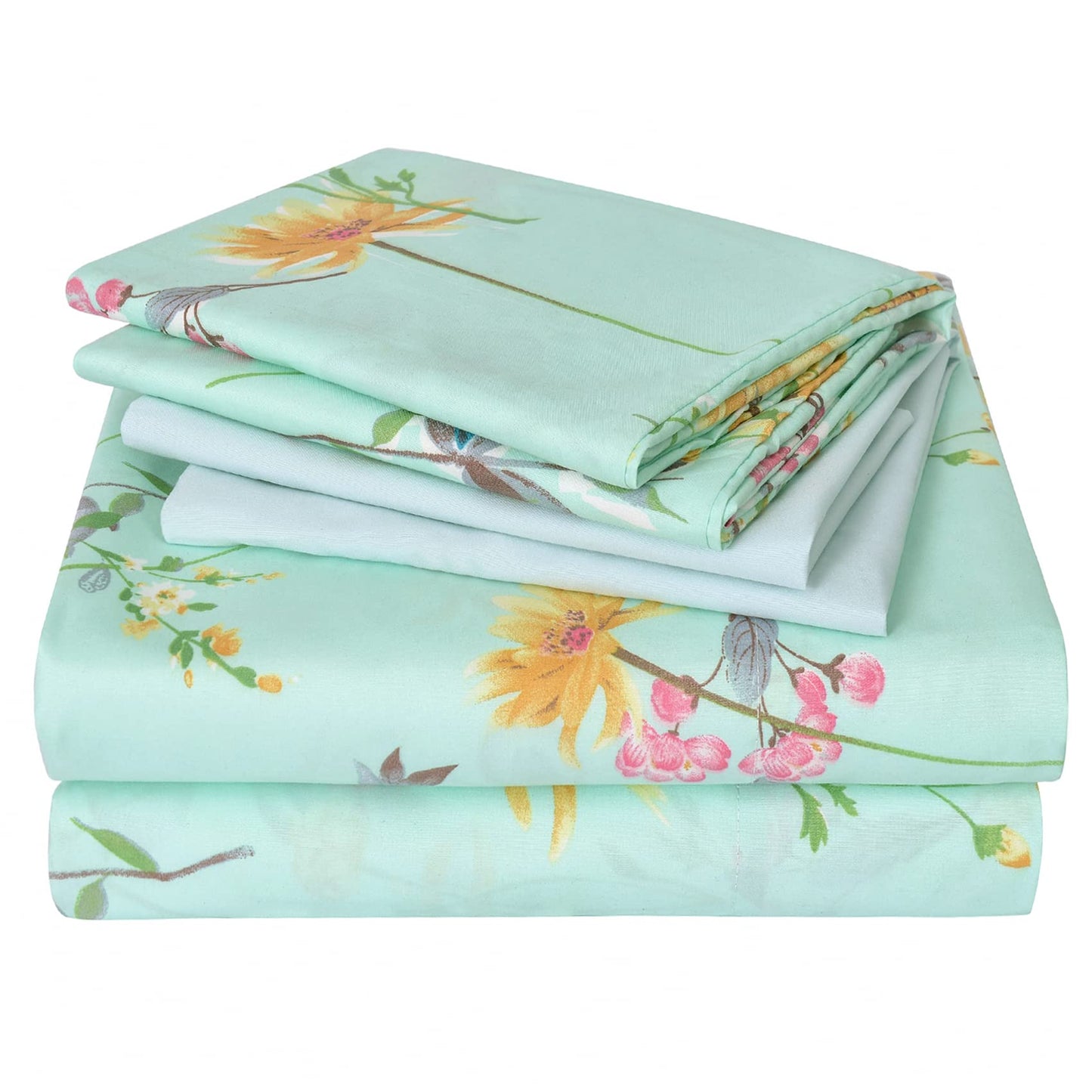 JSD Green Floral Sheet Set Queen Size, 6 Piece Soft Botanical Printed Microfiber Bed Sheets Extra Deep Pocket