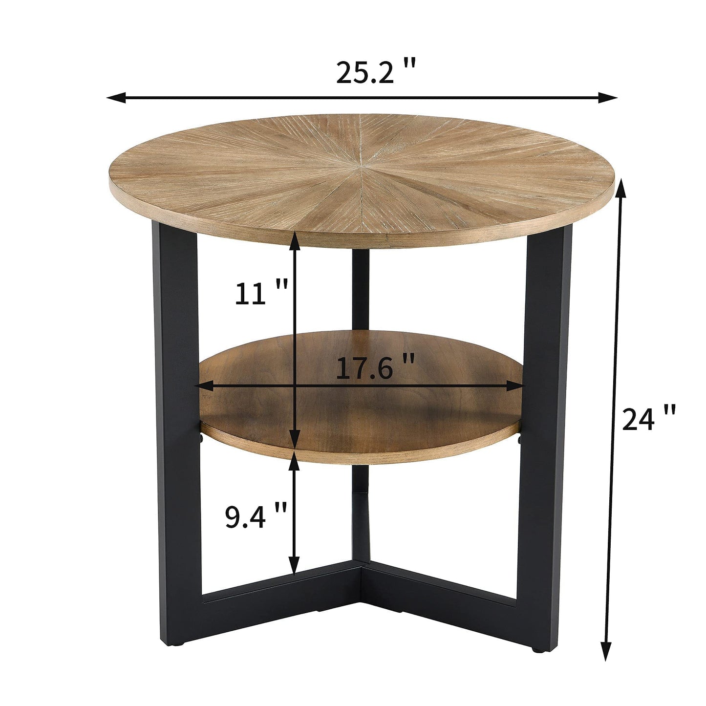 LEEMTORIG Round End Table with Storage, Farmhouse Circle Side Table for Living Room, Solid Wood 2-Tier Nightstand, Natural Wood Tabletop & Black Metal Frame, 25.2" D x 24" H, CJZ-1338