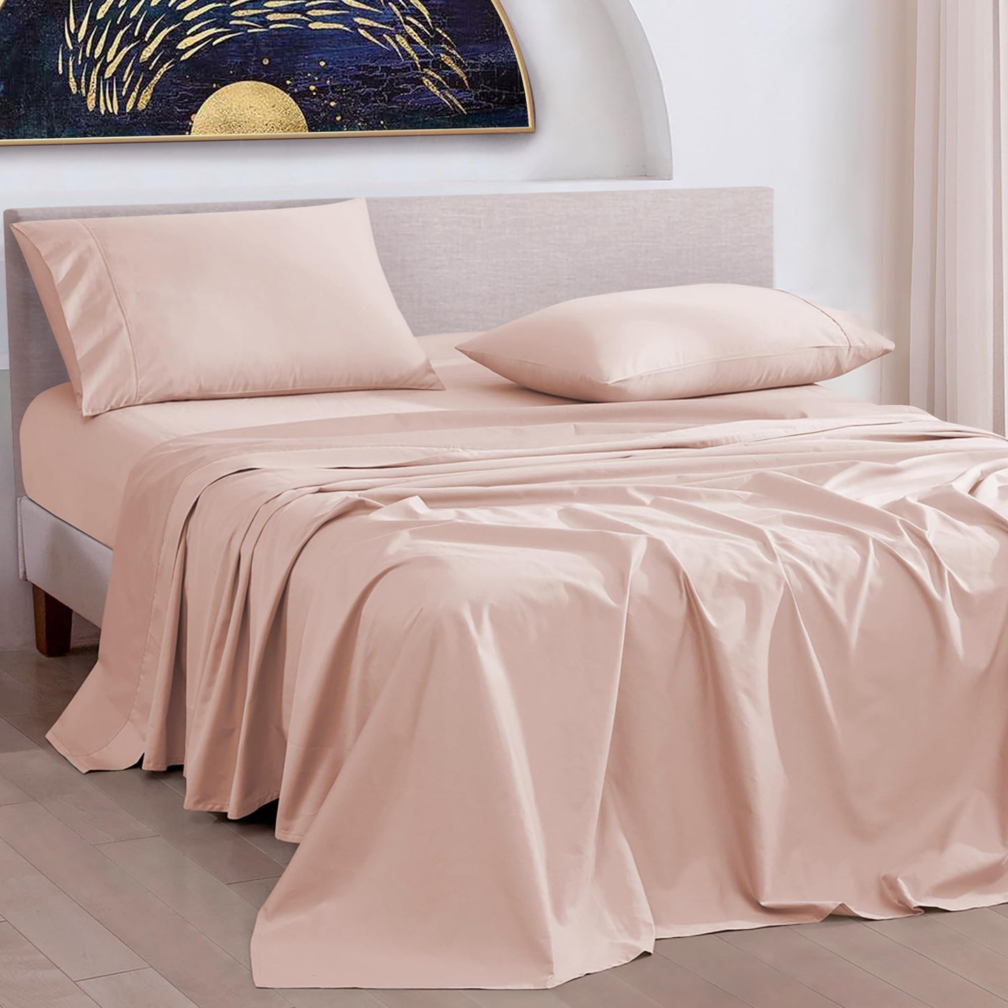 URBANHUT Full Size Sheets 100% Pure Cotton, 1000 Thread Count 4 Pc Bed Sheet Sets, Soft & Breathable, Luxury Hotel Sheets Fits 16" Elasticized Deep Pocket, Sateen Weave, Solid - Blush Pink
