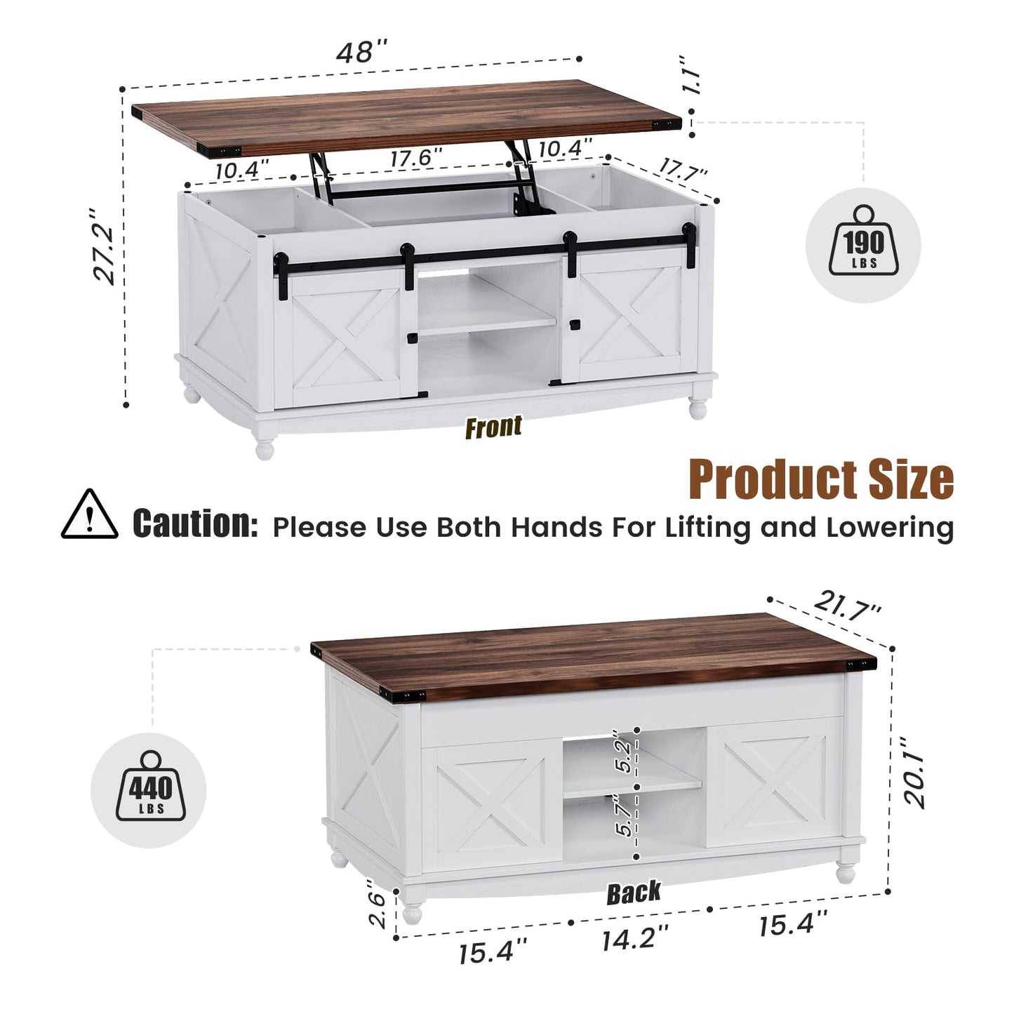 ALLSTAND 48" Farmhouse Lift Top Coffee Table with Storage Sliding Barn Door & Large Hidden Compartment, Coffee Table with Lifting Top with Wooden Lift Tabletop, Coffee Tables for Living Room, White
