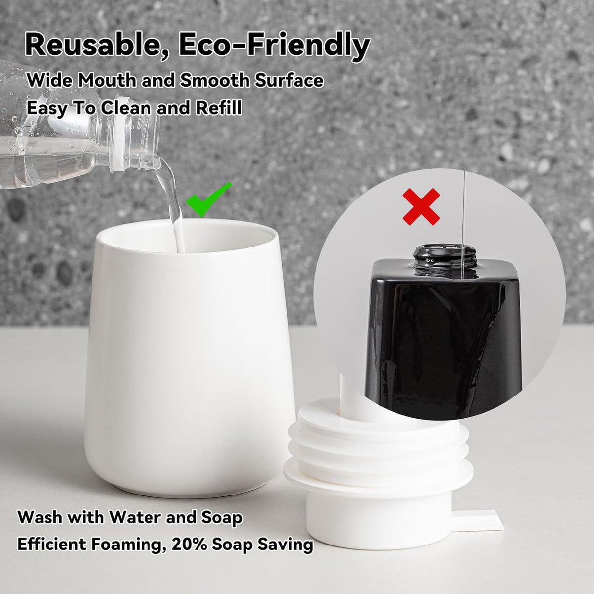 Foaming Soap Dispenser - 12 Oz White Ceramic Foam Hand Soap Dispenser for Bathroom, Face Wash Dispenser Bottle with Matte Silver Foaming Pump, Refillable Lotion Dish Dispenser for Kitchen