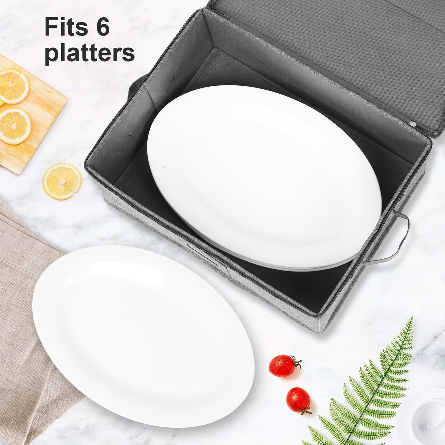 Platter Storage Case, China Storage Containers Hard Shell 17" x 13" x 6", 5 Felt Dividers Included, Structured Top and Stackable (Linen Grey)