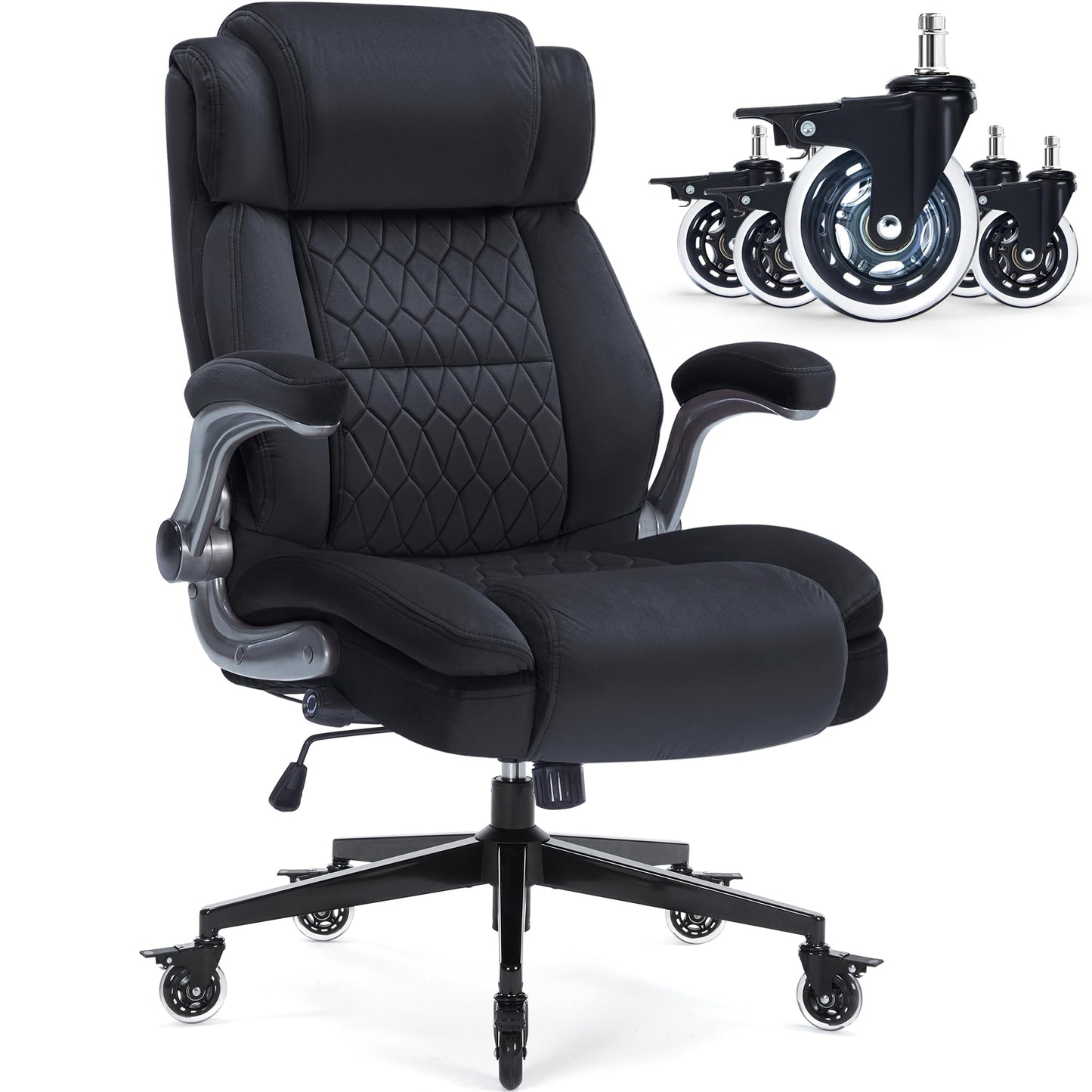 Fabric High Back Office Chair 400lbs-Adjustable Built-in Lumbar Support,Flip Arms, Locking Wheels-Ergonomic Computer Desk Chair with Heavy Duty Base,Thick Padded Large Work Chairs for Adults Men Women