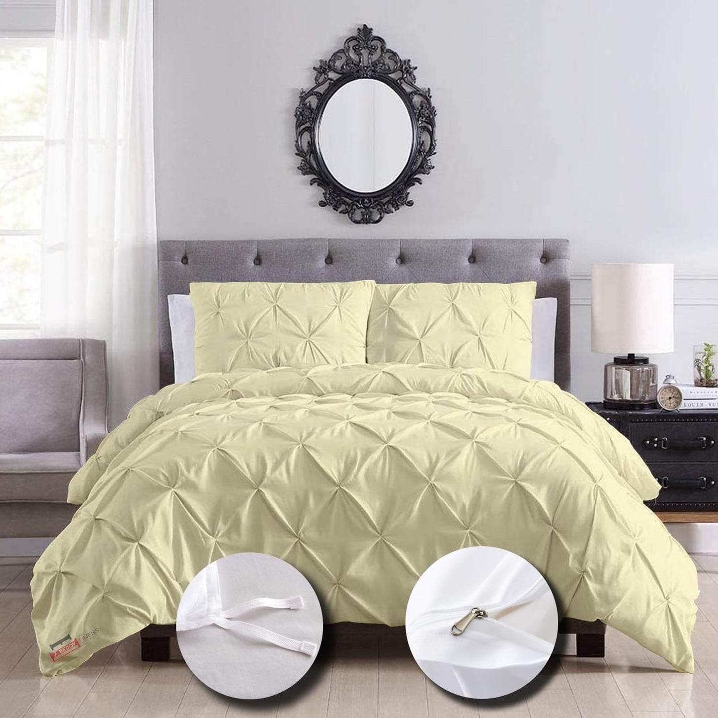 eBeddy Linens Pinch Pleated Pintuck Duvet Cover Set Queen Size 90x90 Inch 100% Cotton Soft and Breathable 3 Pieces (1 Duvet Cover & 2 Pillow Shams) Zipper Closure & Corner Ties, Ivory
