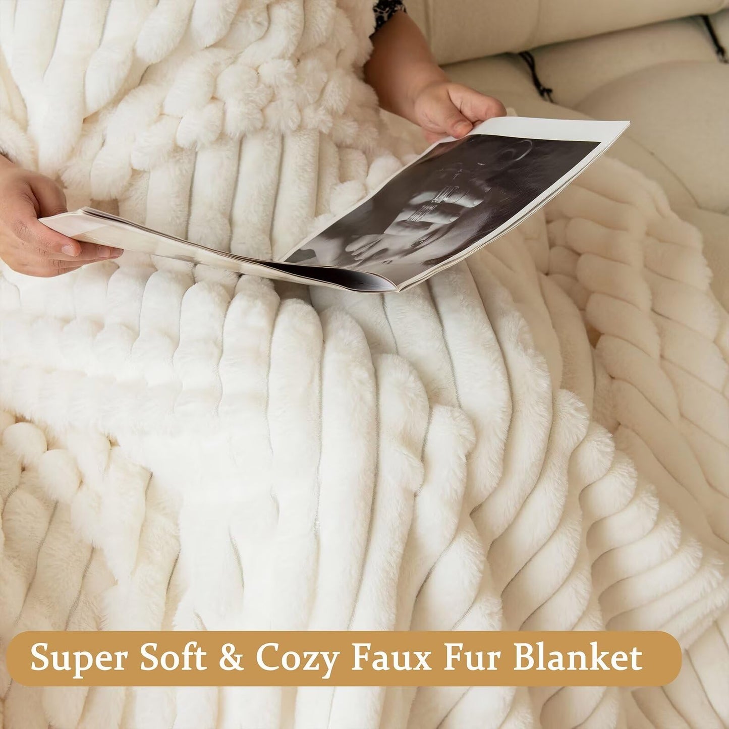 DANSICUINI Cream White Faux Fur Throw Blanket for Couch, Fuzzy Cozy Soft Warm Plush Striped Throw Blanket, Christmas Decorative Fluffy Winter Blanket for Sofa Bed Living Room Home Decor, 50"x60"
