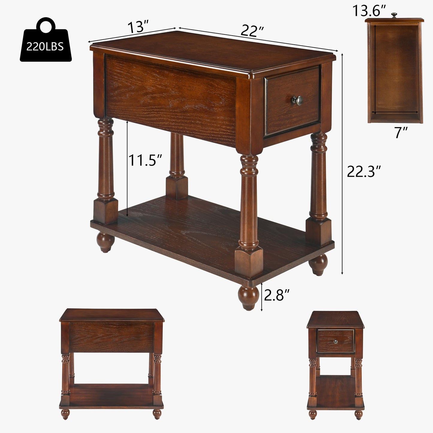 Narrow End SideTable with Drawer and Storage Shelf, Solid Wood Sofa Tables, Slim Beside Table-, Telephone for Small Spaces, Living Room, 22"L x 13"W x 22.7"H No-tools Assembly Dark Walnut BBJ004DWA