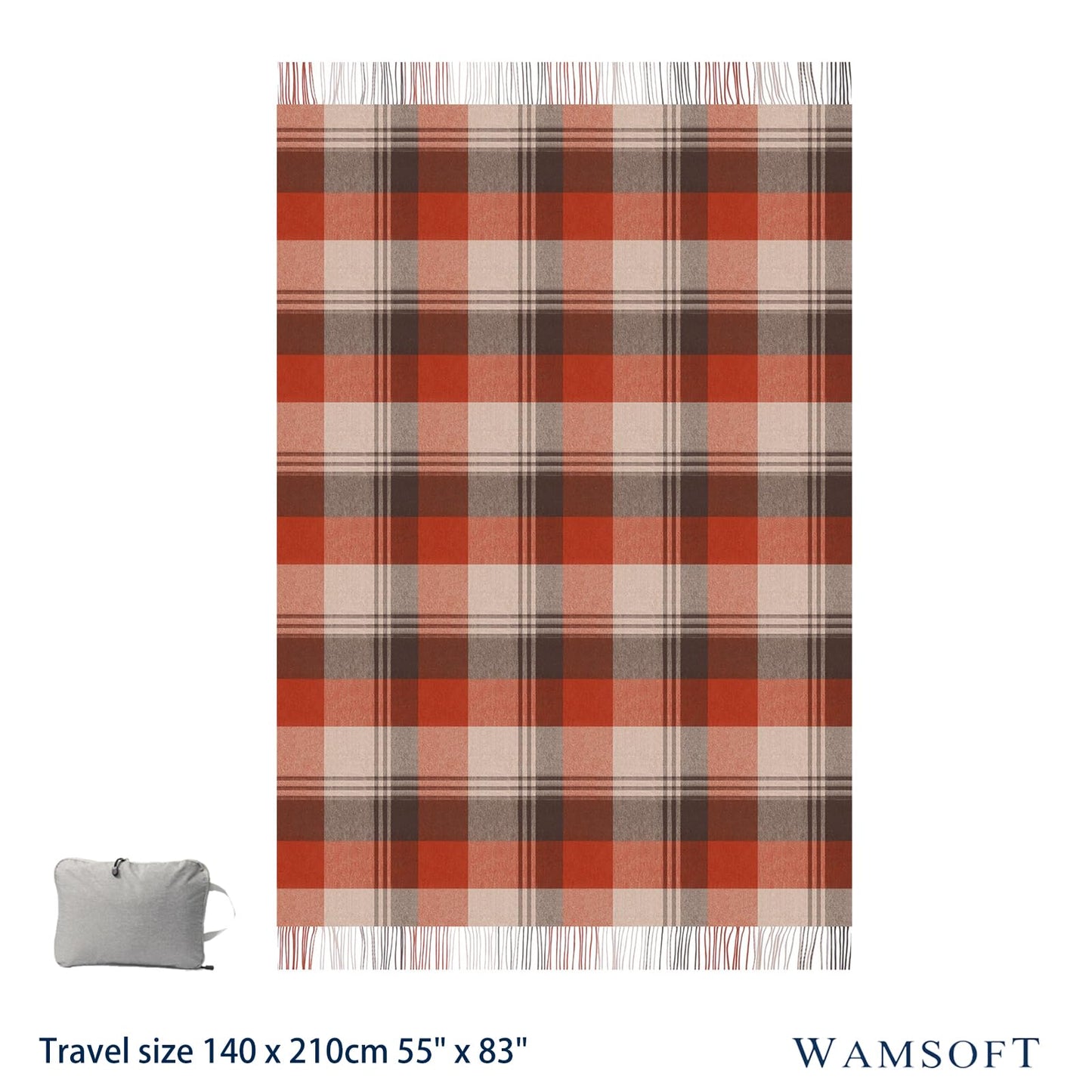 WAMSOFT Wool Throw Blanket for Camping, 55" x 83" Large Wool Throw,Soft Blankets and Throws Knee Rug for Couch,Plaid Travel Size Blanket,1.5lb