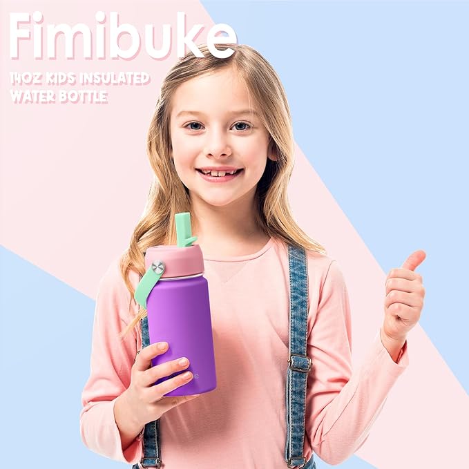 Fimibuke Kids Insulated Water Bottle, 14oz BPA FREE Double Wall Vacuum Tumbler 18/8 Stainless Steel Leak Proof Kids Cups with Straw Metal Water Bottle for School Boys Girls (2 Pack, Milky Pastel)