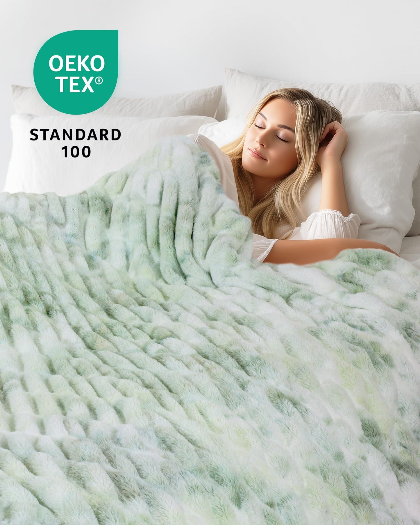 blunique Faux Fur Blanket, Twin Size Oversized Throw Blanket for Couch, Fluffy Blanket with Stretch Ruched Design, Ultra Soft Giftable Home Decor, 60x80 inches, Tie-Dyed in Sage Green