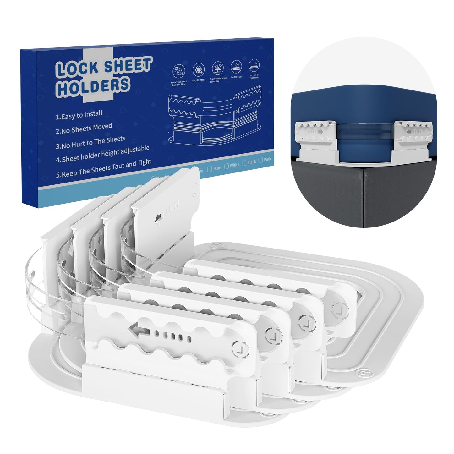 Lock Sheet Holders - 4Pcs Heavy Duty Bed Sheet Straps Keep Sheets Firm & Tight, No More Loose Sheets - Fits Any Size Mattress - White