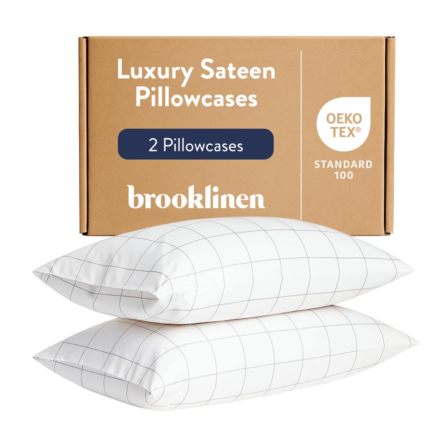 Brooklinen Luxury Sateen Pillowcases - Set of 2, 100% Long Staple Cotton with Envelope Closure, Smooth Fabric, Soft & Durable, Machine Washable - Standard Size (Window Pane)