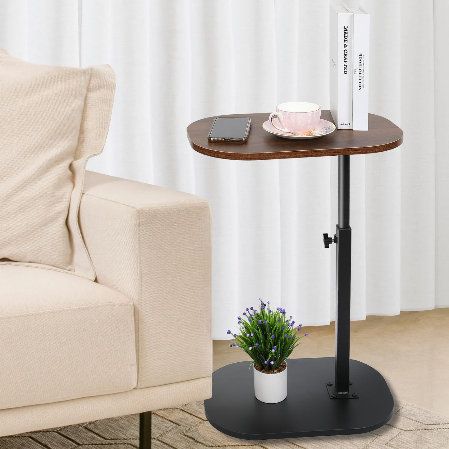 CypherX C Table, Wood Sofa Adjustable Height, C Shaped End Table for Couch, Slide Under Tables, Small Side Table for Living Room, Bedroom, Bedside (Brown)