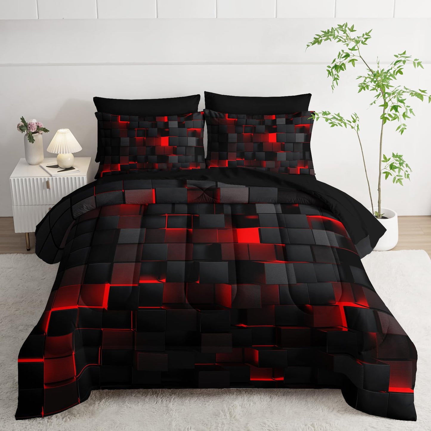 Nttopship Geometric Red Black Full Comforter Set,Light Honeycomb Bedding Set 7 Piece in A Bag,Bed Sheet Set Geometry Decor,Microfiber Lightweight All Season