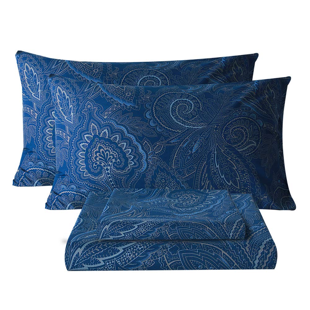 Bedlifes Queen Sheet Set Ultra Soft, Breathable, Silky Flower Deep Pocket 100% Microfiber Bedding, 4 Piece Queen Size Paisley Dark Navy Blue
