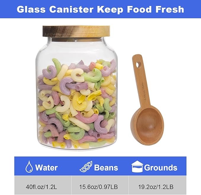 Glass Storage Jar with Lids Thicken Glass Coffee Canister Borosilicate Glass Food Containers for Spice Ground Nut Pasta Sugar Candy Tea (1200ml/40oz-1pack-with spoon)
