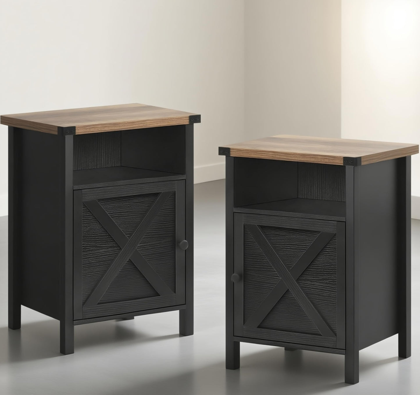 Farmhouse End Table, Nightstand, End Tables with Barn Door and Shelf, Wooden Sofa Side Table, Modern Bed Side Table Rustic Nightstands Set of 2, Bedroom, Living Room, Black