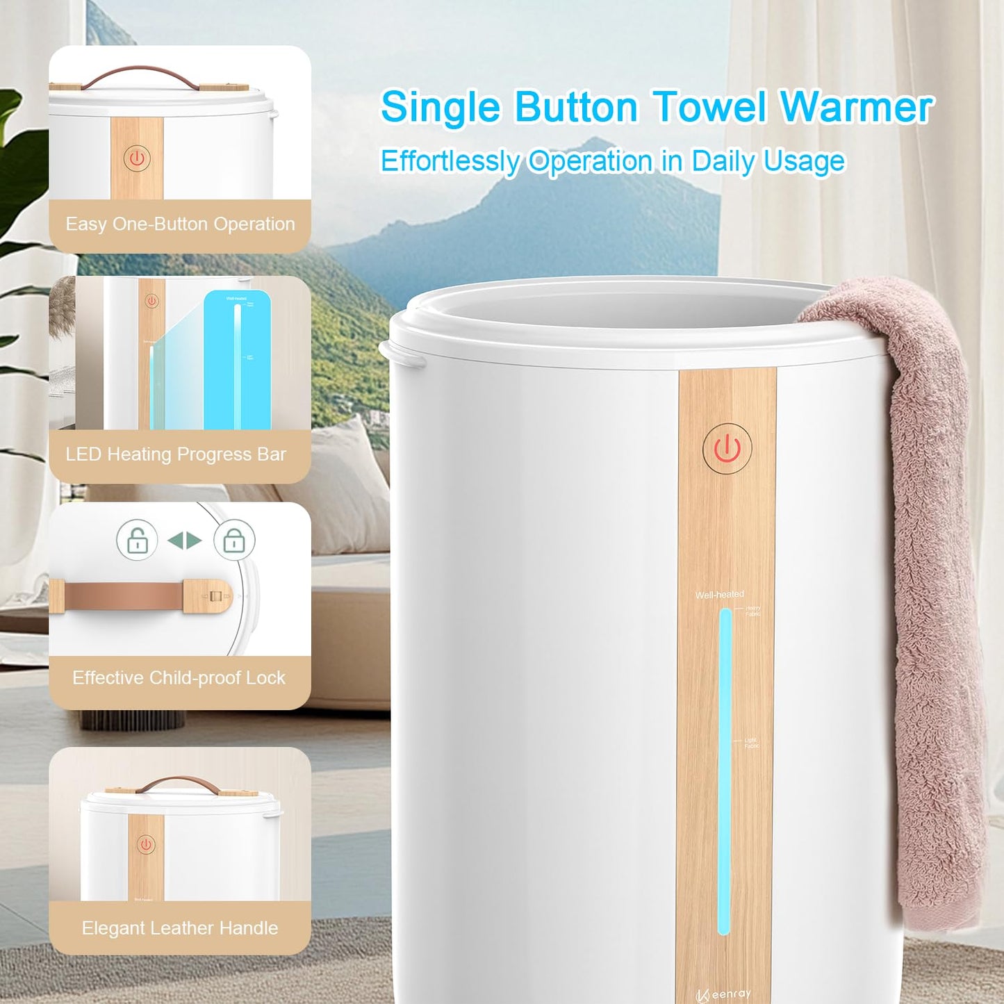 Keenray Towel Warmer for Bathroom, Towel Warmer Bucket with Heating Progress Bar, Fragrant Disc Holder, Leather Handle, Auto Shut-Off Towel Bucket Fits Up to 2 40" x 70" Towels, Bathrobes, Blankets