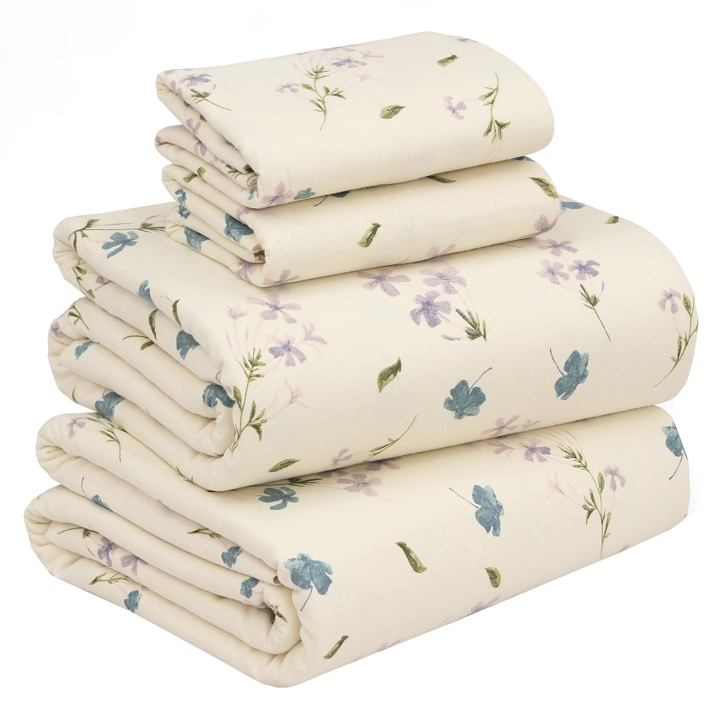 RUVANTI Flannel Sheets Queen Size - 100% Cotton Double Brushed Bed Sheets, Deep Pockets 16 Inches Queen Sheet Set, All Seasons Breathable & Extra Soft - Warm & Cozy, 4 Piece, Jasmine Stamp Cream