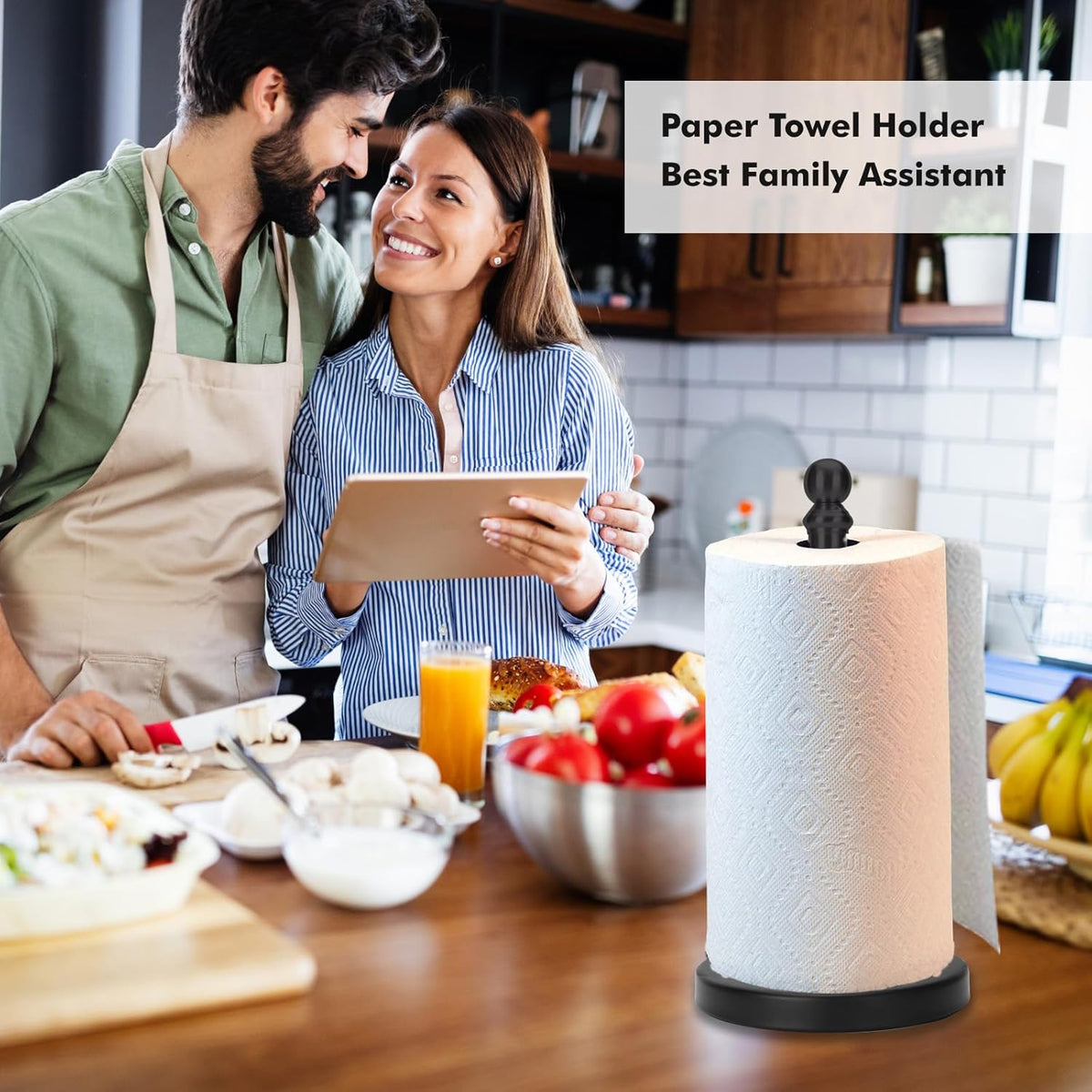 Black Paper Towel Holder Countertop, Standing Paper Towel Roll Holder for Kitchen Bathroom, with Weighted Base for One-Handed Operation, Stainless Steel in Black Matte Finish