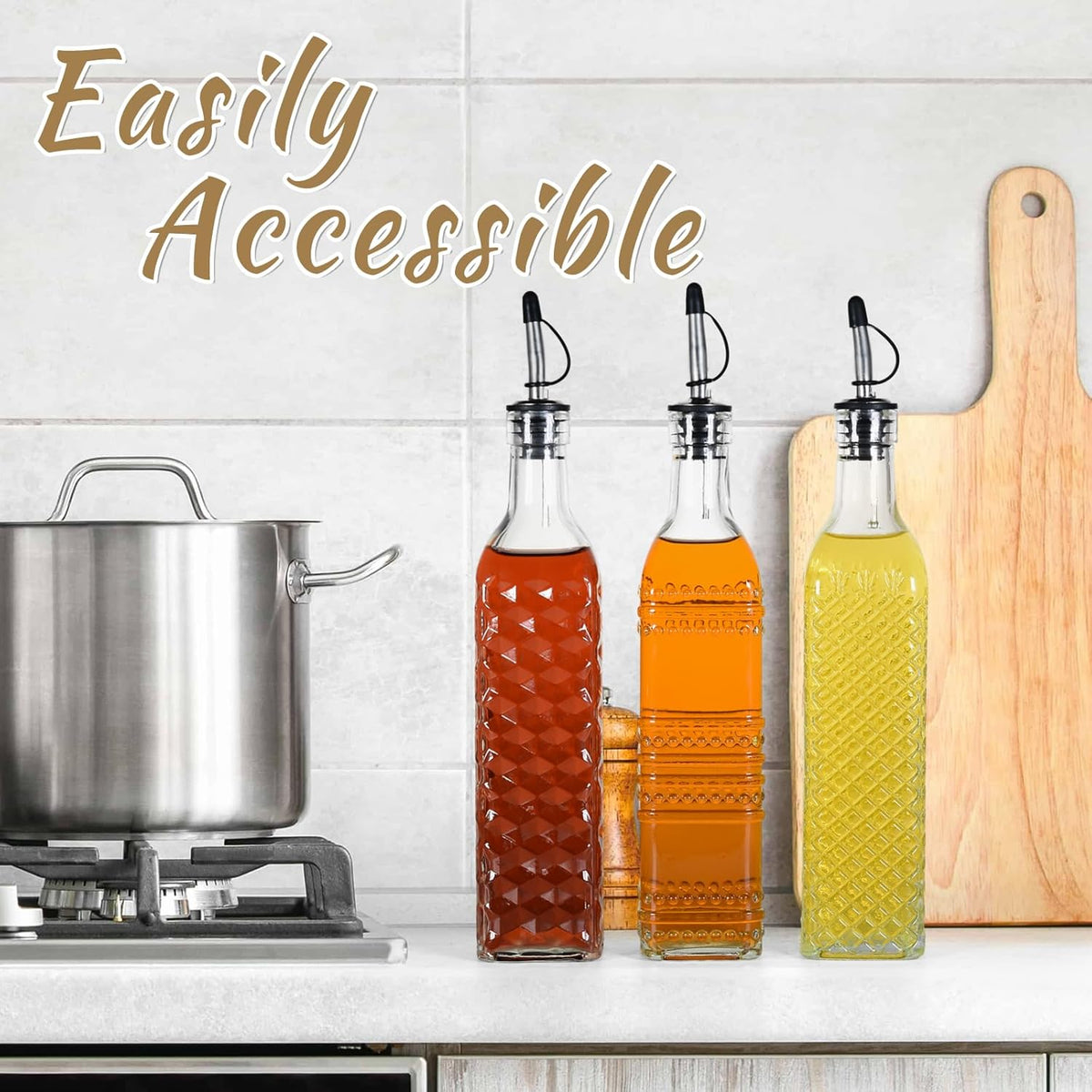 3-Pack Glass Oil Dispensers 500ML/17OZ, Oil and Vinegar Bottles Set with Stainless Steel Pourers, Brush, Funnel, Seal Caps (Square)