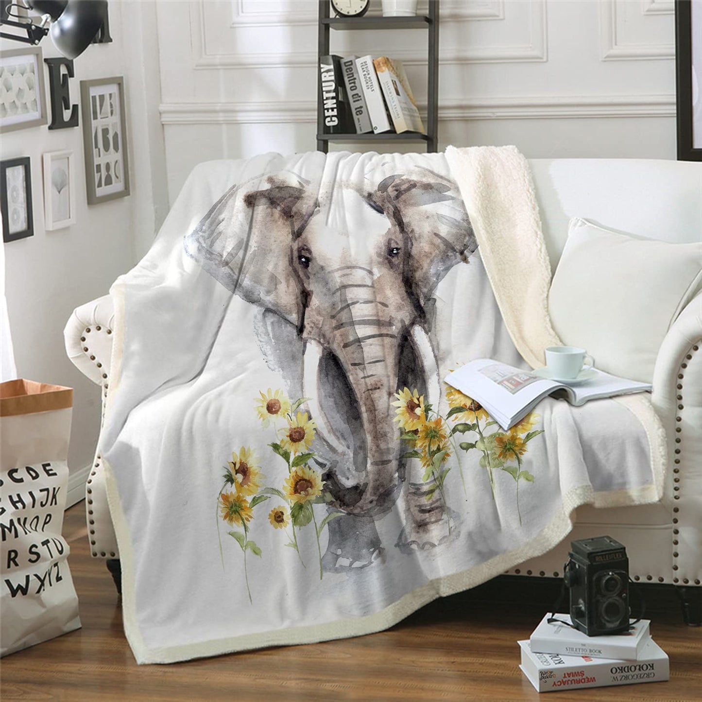 Elephant Blanket Sherpa Fleece Throw, Sunflower Gifts for Women Adults, Super Soft Warm Cozy Plush Bed Throws for Couch Sofa 50" x60"