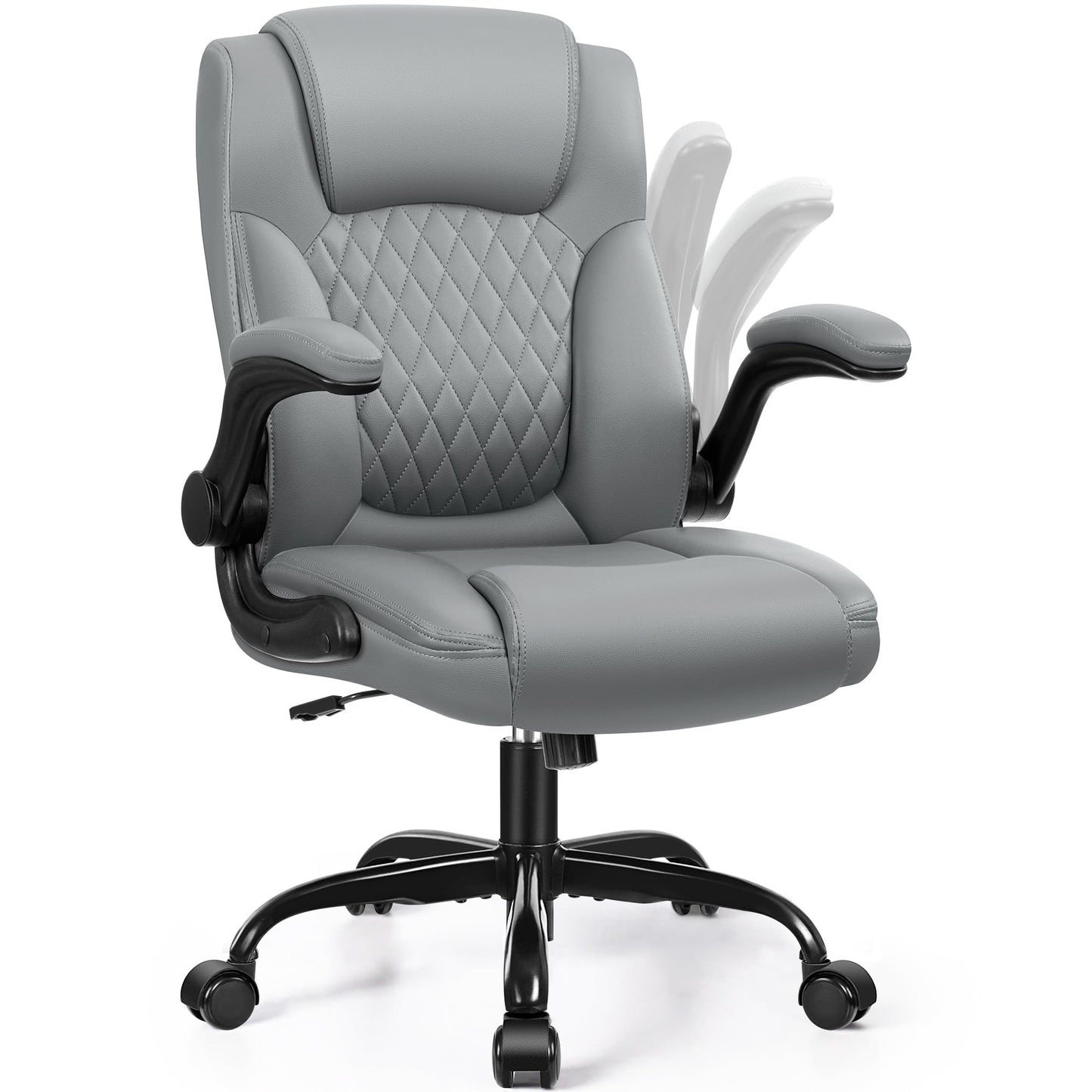 Leather Office Chair, PU Home Computer Desk Chairs with Ergonomic Back Support, 360°Swivel Free,Small Gmaing Chair with Wheels and Adjustable Armrests, for Short People Use, Gray