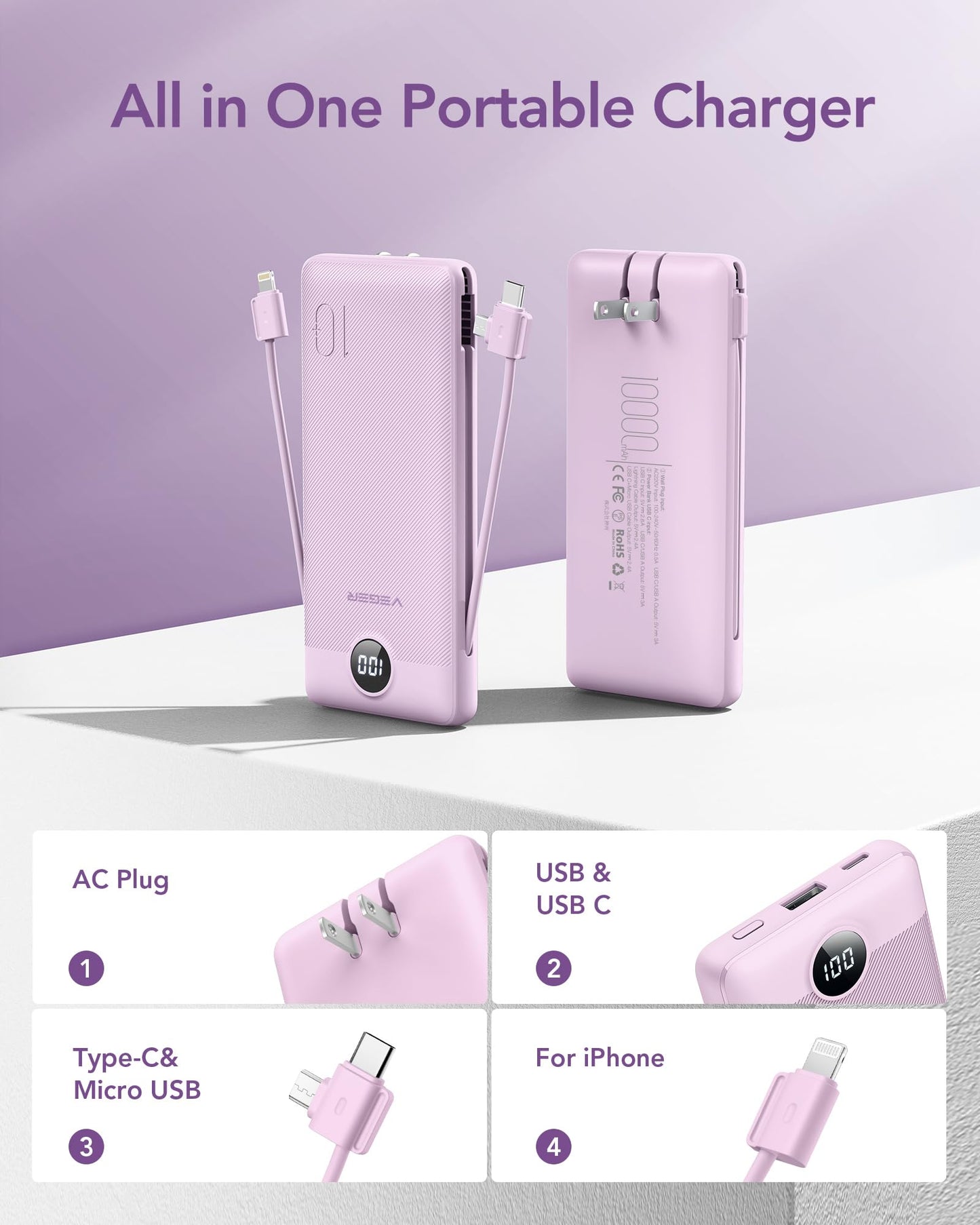 VEGER Portable Charger for iPhone Built in Cables and Wall Plug, 10000mah Slim Fast Charging USB C Power Bank, Travel Essential Battery Pack Compatible with iPhones, iPad, Samsung More Devices(Purple)