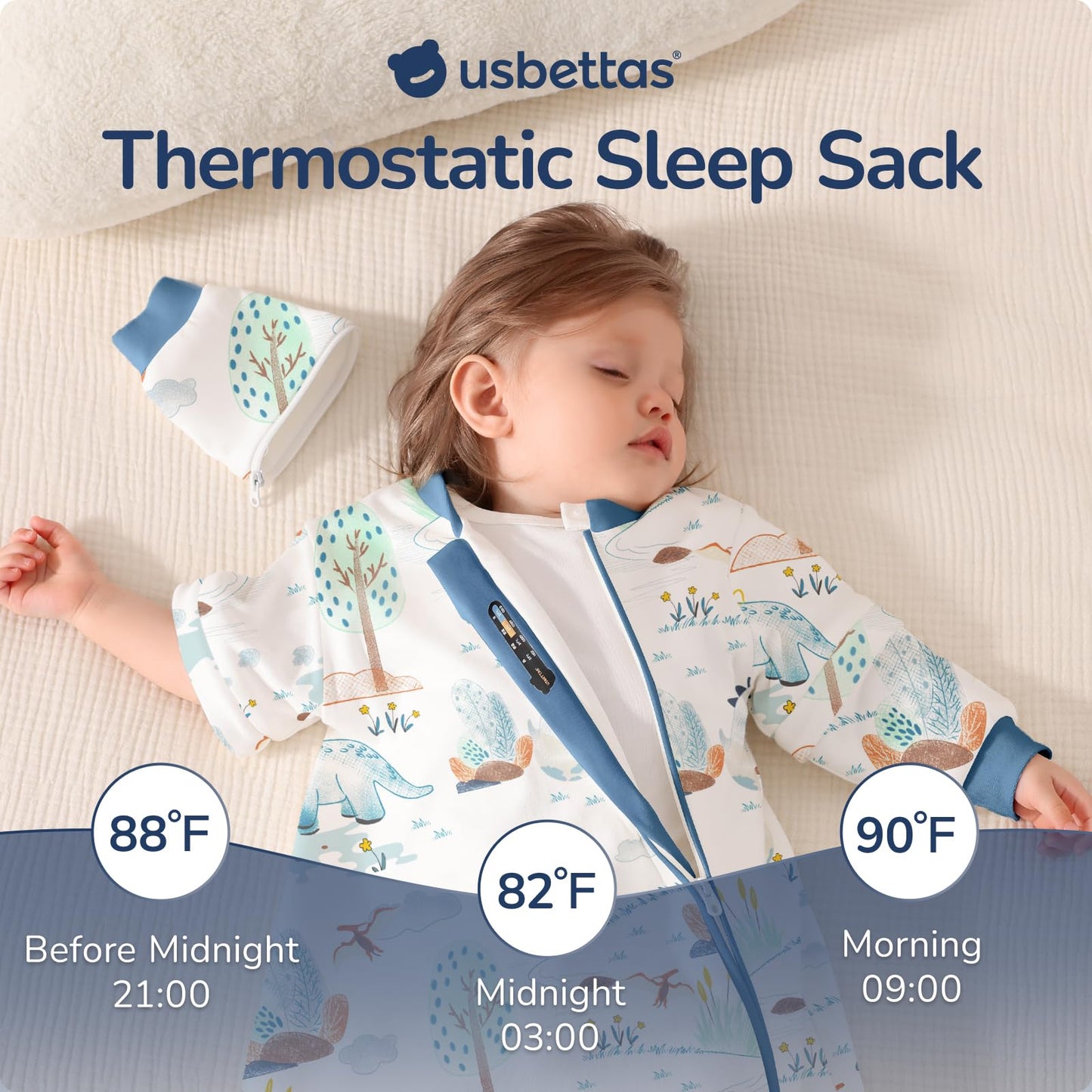 usbettas Baby Sleep Sack 6-12 Months, Cotton Long Sleeve Sleep Sack, 1.0 Tog Lightweight Transitional Swaddle with Temperature Strips, 2-Way Zipper Wearable Blankets for Toddler,Dinosaur