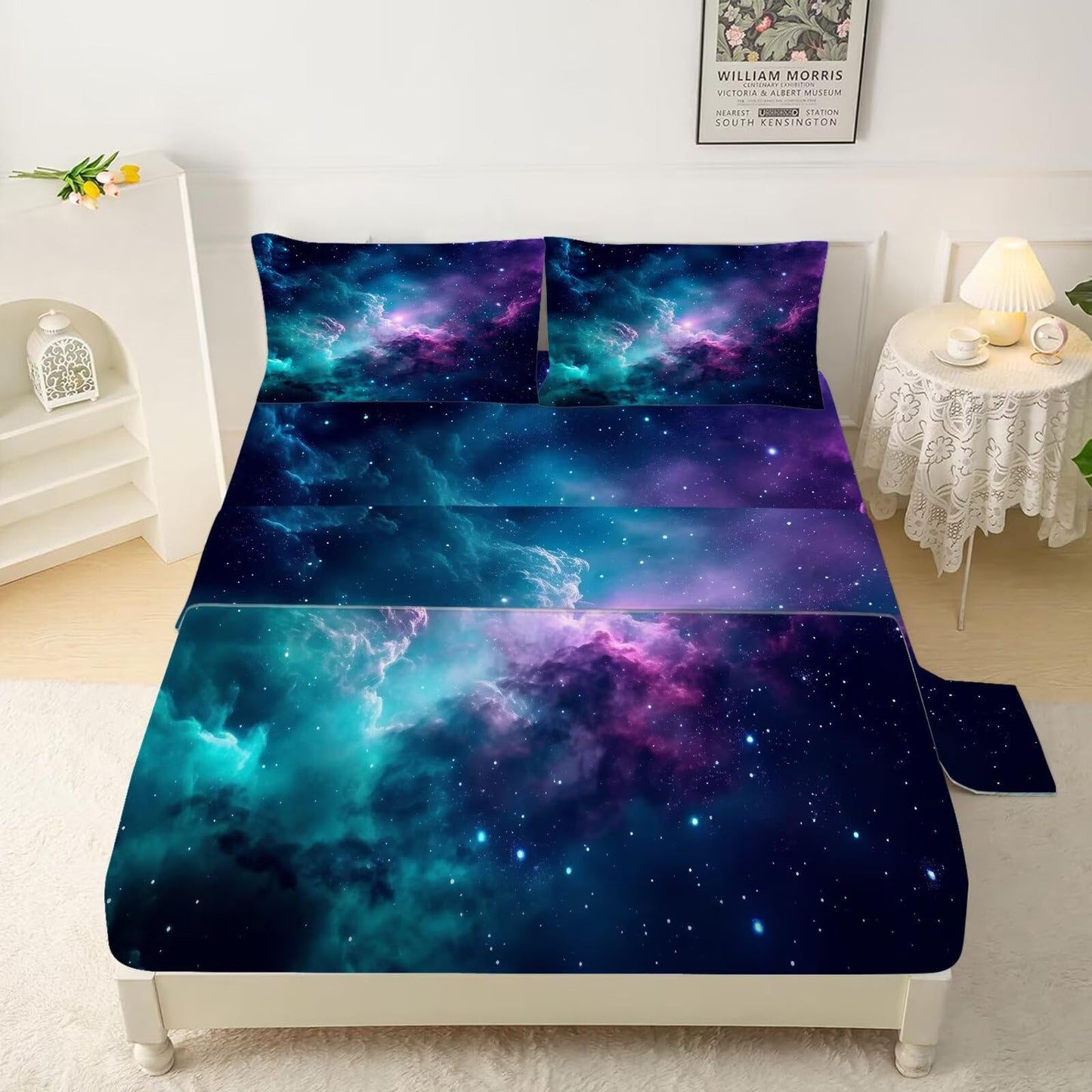 FUYEUN Blue Galaxy Sheet Set Twin: Space Bedding Set for Kids Teens Girls Boys Cloud Starry Sky Bedroom Bed - 1 Flat Sheet, 1 Fitted Sheet, 1 Pillowcase