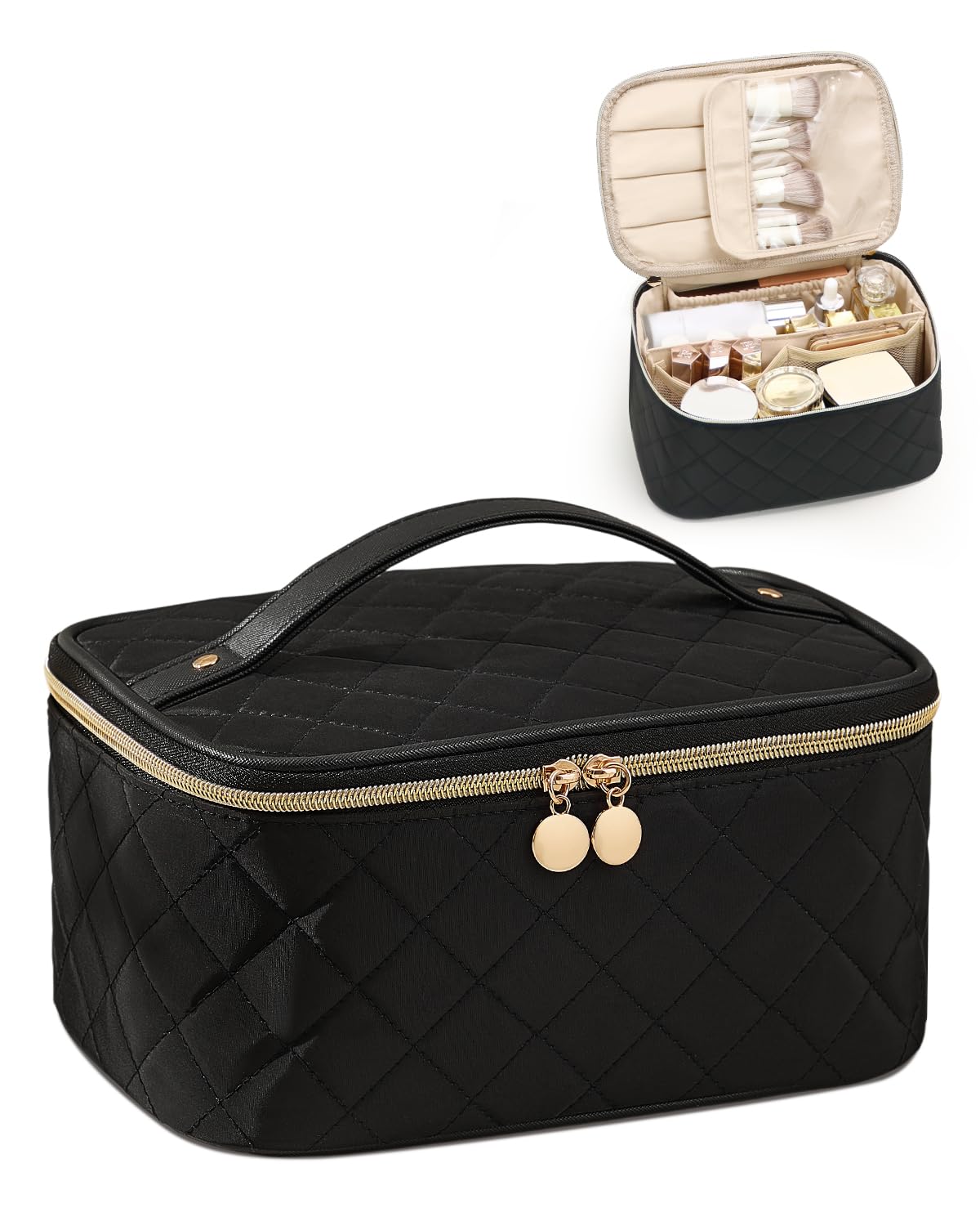 Prite Makeup Bag, Large Capacity Portable Travel Cosmetic Bag, Waterproof Makeup Organizer for Women with Handle and Divider(Black Rhombus)