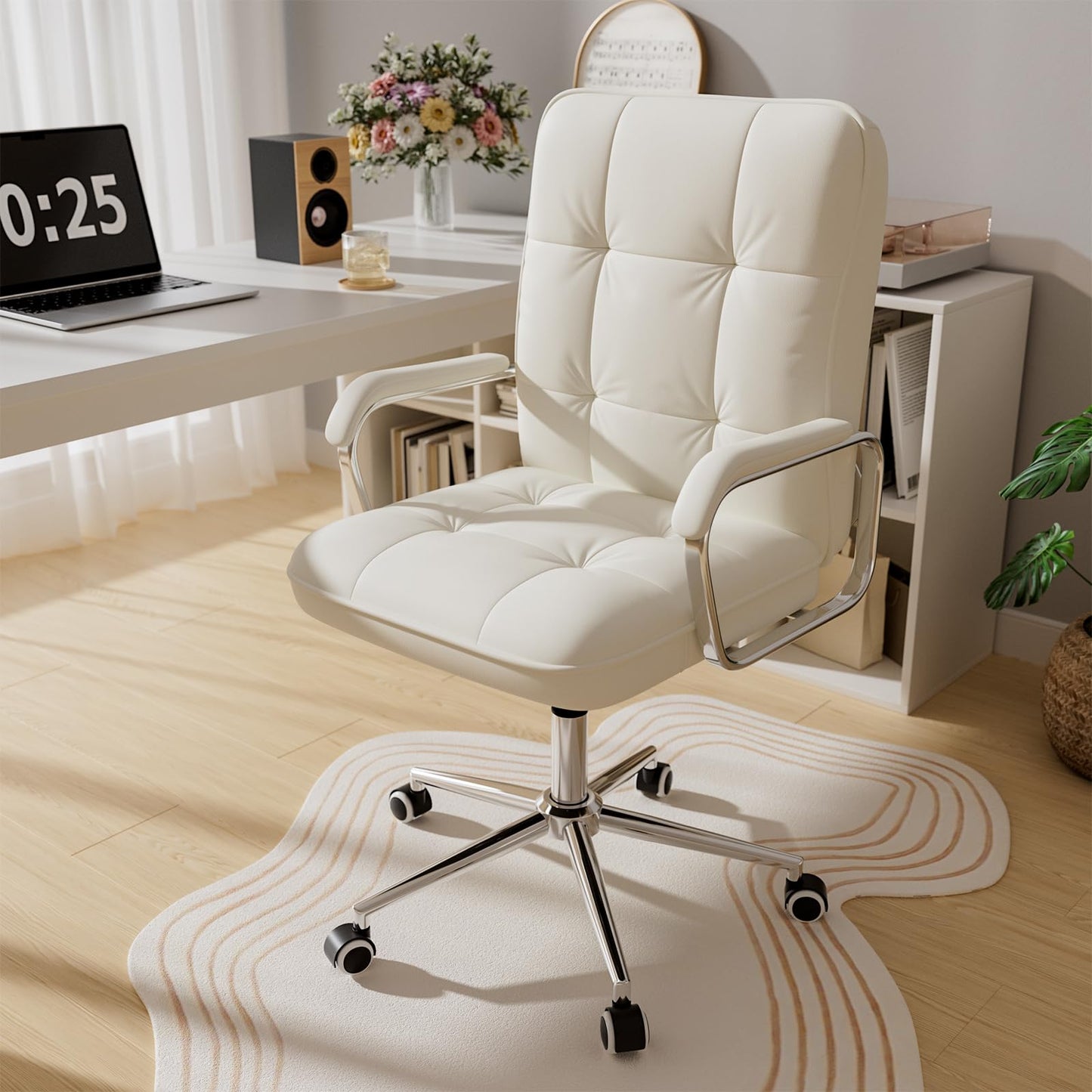 HomeZeer White Office Chair with Soft Leather, Swivel Computer Home Office Desk Chair with Wheels and Padded Arms, Adjustable Height and Tilt