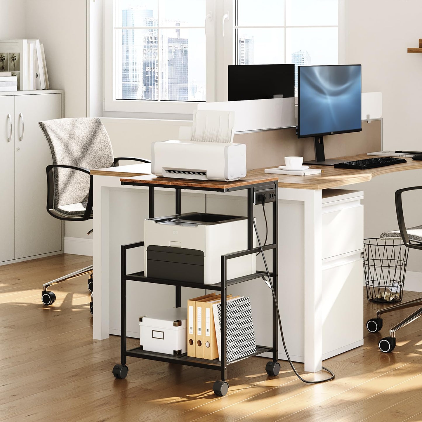 MAHANCRIS Mobile Printer Stand, 3-Tier Industrial Printer Cart with Power Outlets and 2 USB Ports, Rolling Printer Table on Wheels for Home Offices Kitchen Organization Rack, Rustic Brown PTHR78E01