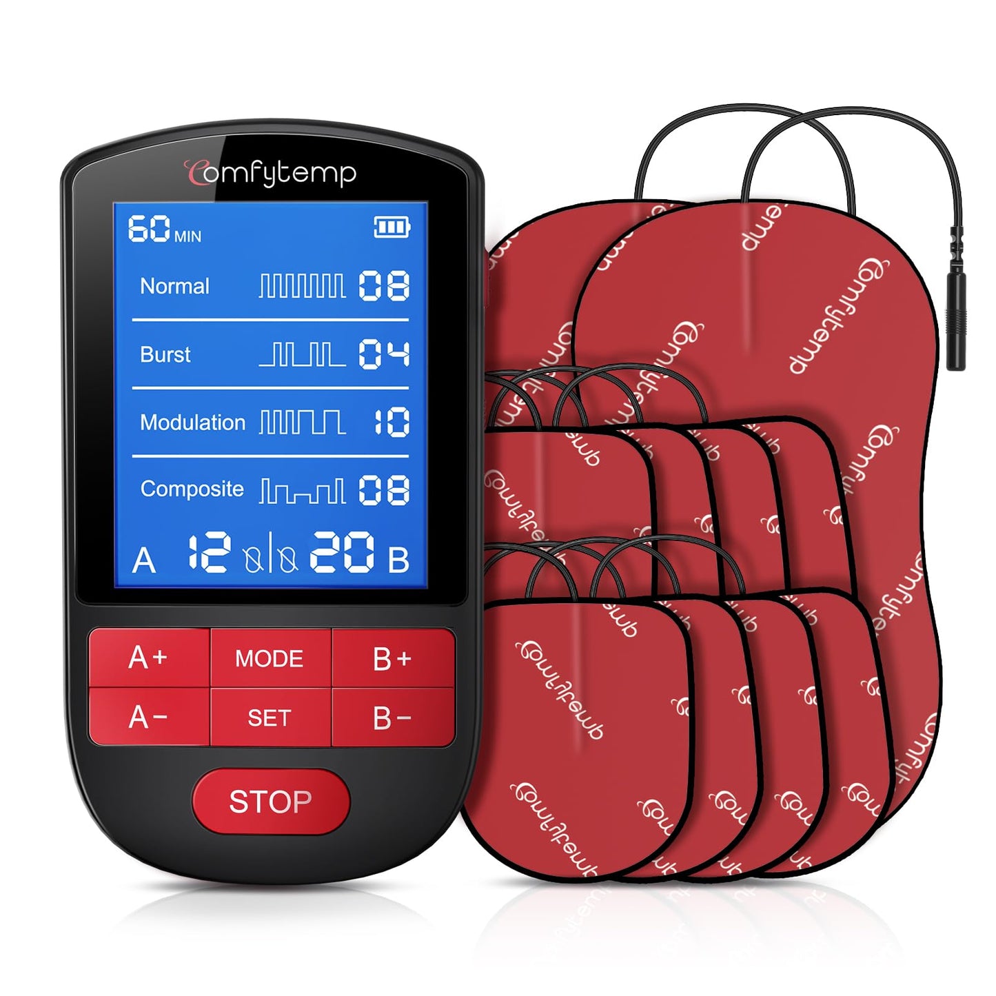 Comfytemp TENS Unit Muscle Stimulator for Back Pain Relief, Dual Channel TENS Machine with 30 Modes, FSA HSA Eligible Rechargeable Electric Pulse Massager for Pain Relief Therapy with 10 TENS Pads
