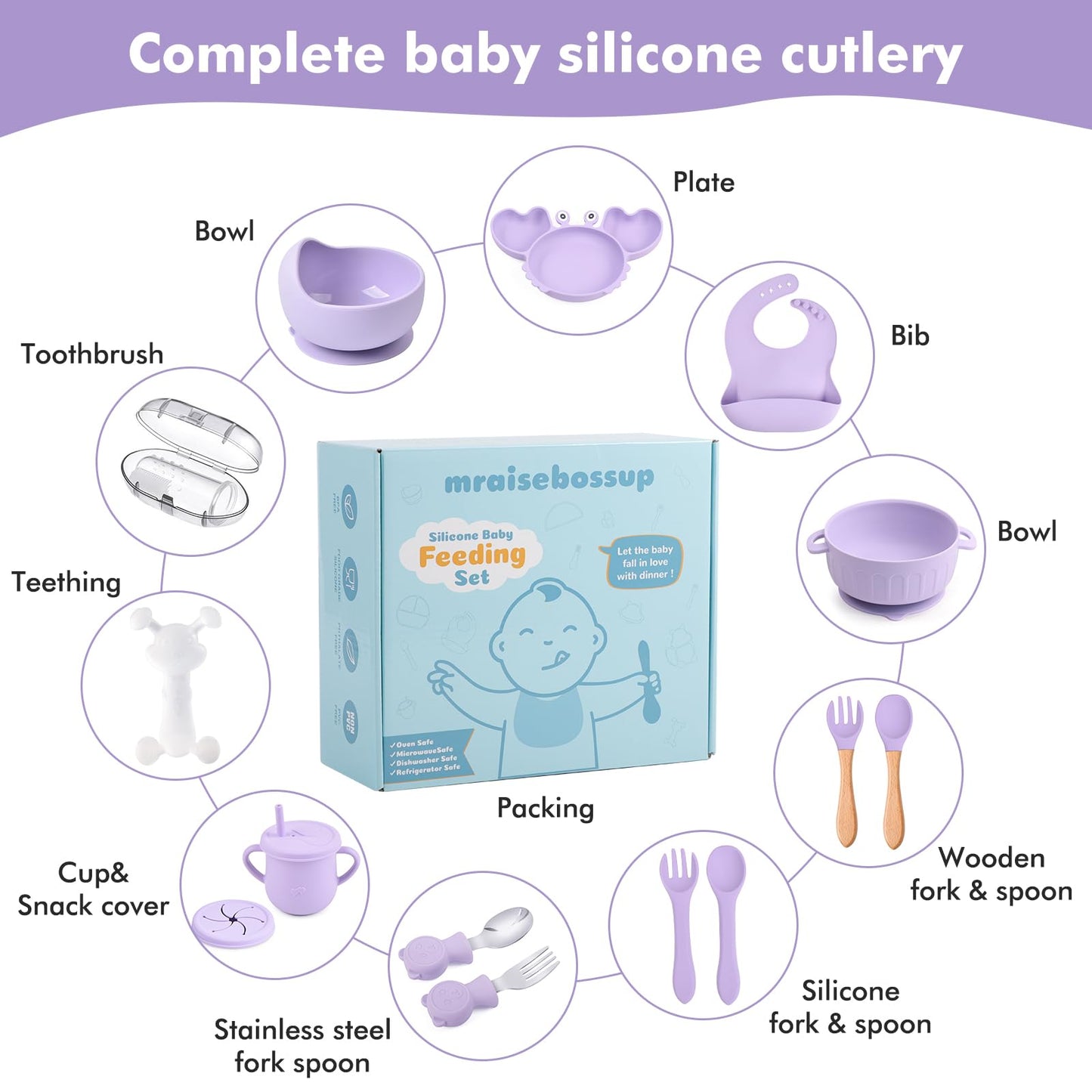 mraisebossup Silicone Baby Feeding Set 15 Pcs,Baby Spoons Suction Bowl Divided Plate Bib Cup Finger Brush Teething Teether Training cups,Baby Led Weaning Supplies(purple)