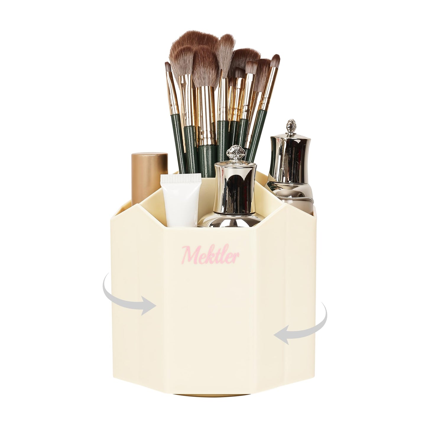 Mektler Make up Brush Holder Organizer Countertop,360°Rotating Skin Care Organizer Makeup Organization and Storage for Bathroom ,Vanity,Desk (Beige)