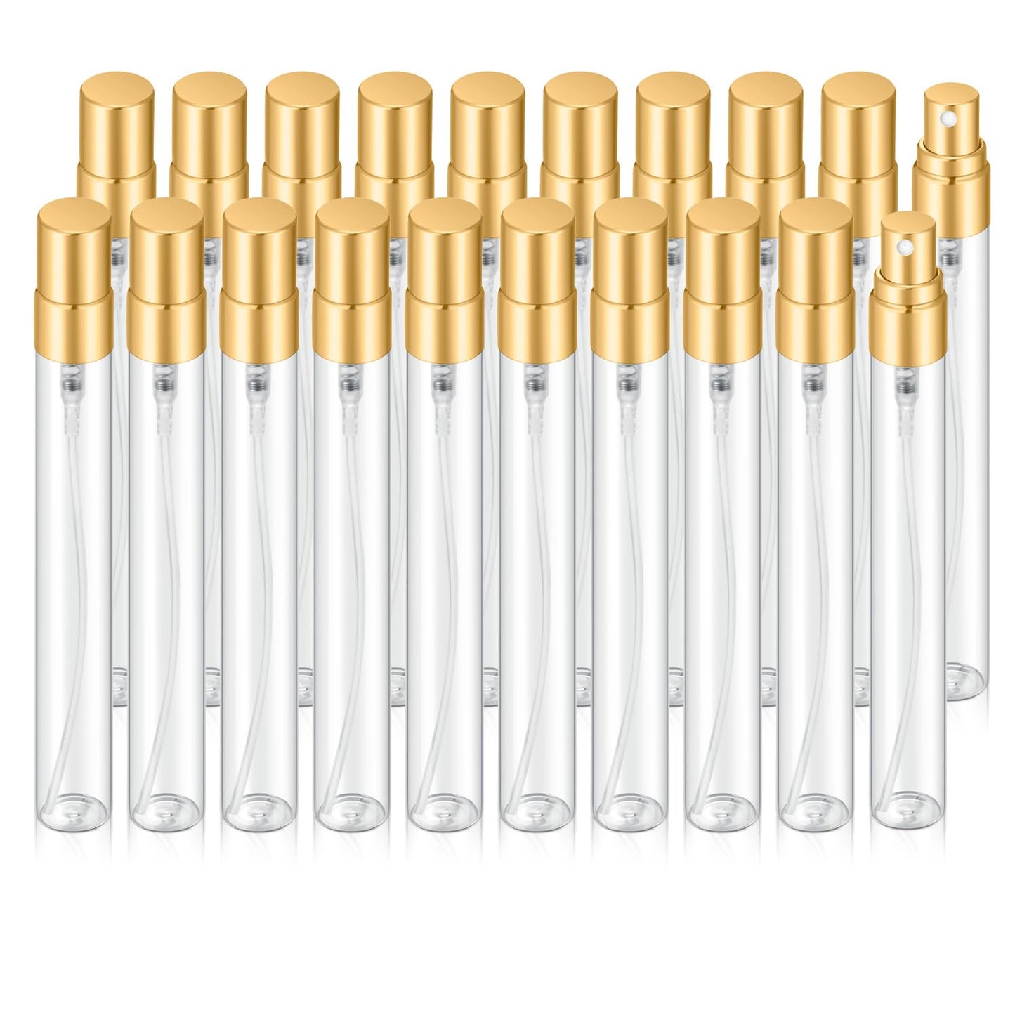 Jxcmeng 20Pcs 10ml Empty Clear Glass Mist Spray Bottle Refillable Mini Perfume Atomizer Travel Sample Bottle with Golden Aluminized Nozzle Makeup Container for Perfume (10ml Gold Caps)