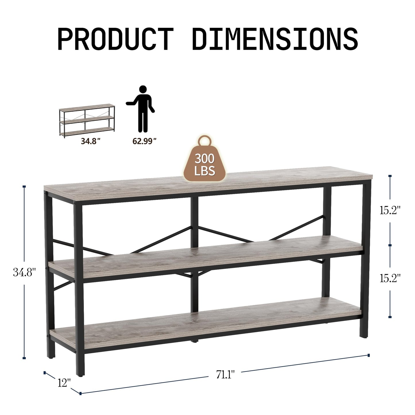 Vida Vistoso 71 Inch Industrial Console Table Behind Couch, Extra Long Sofa Table with 3 Tier Wood Storage Shelves, TV Table with Metal Frame for Living Room, Foyer, Hallway (Oak Grey)