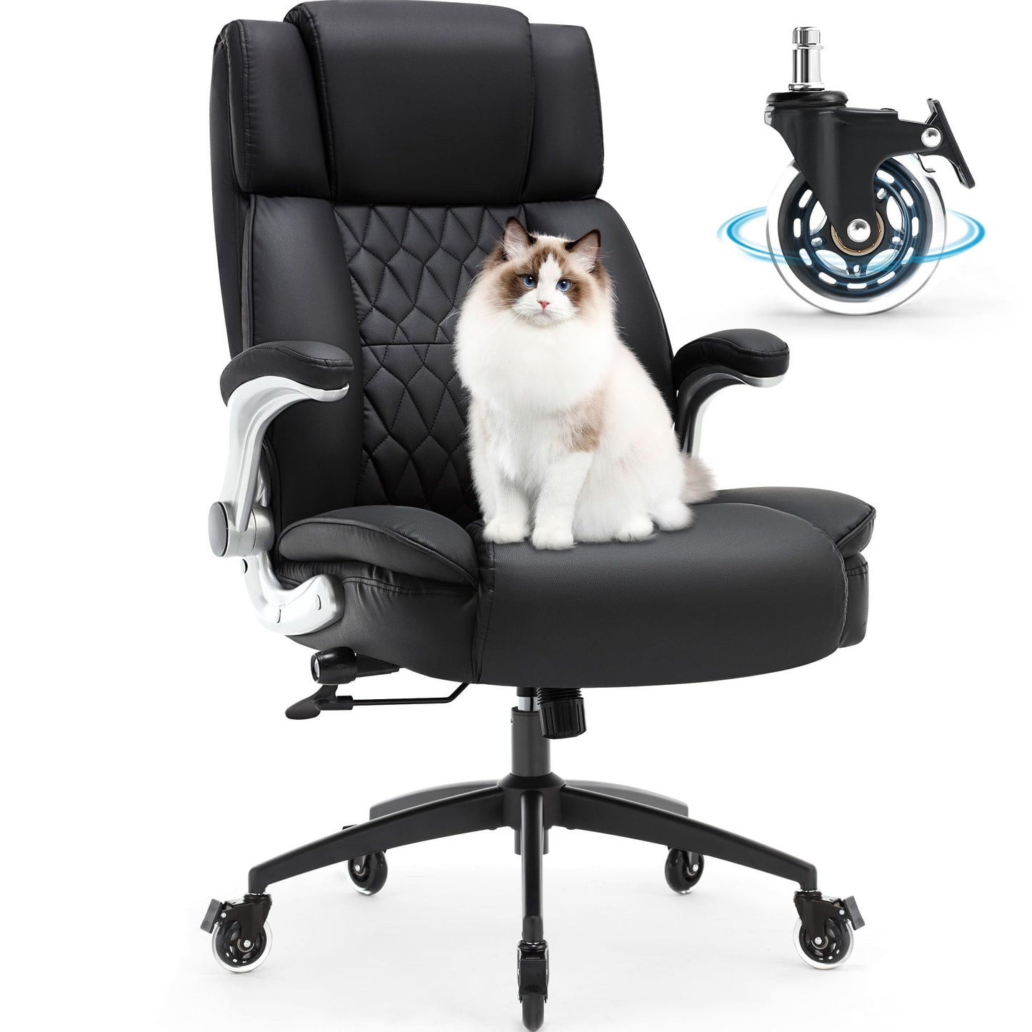 Large High Back Office Chair with Flip Arms- Executive Desk Chair with Locking Wheels, Adjustable Lumbar Support, Ergonomic Synthetic Leather Computer Chair Prevents Cats Scratching