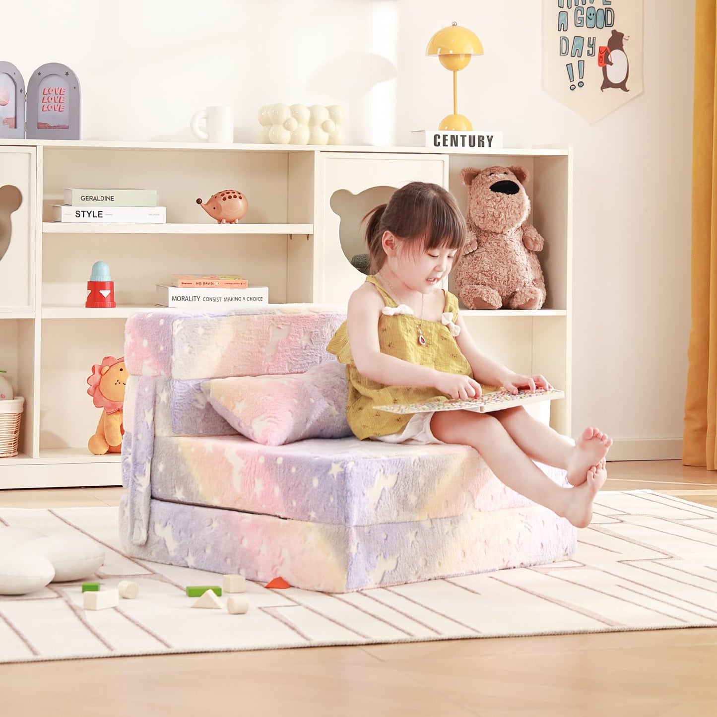 Givjoy Folding Sofa Bed Floor Mattress for Kids with Pillow, Toddler Washable Folding Floor Nap Mat Futon, Child Fold Up Sofa Chair Bed with Storage Bag for Girls and Boys