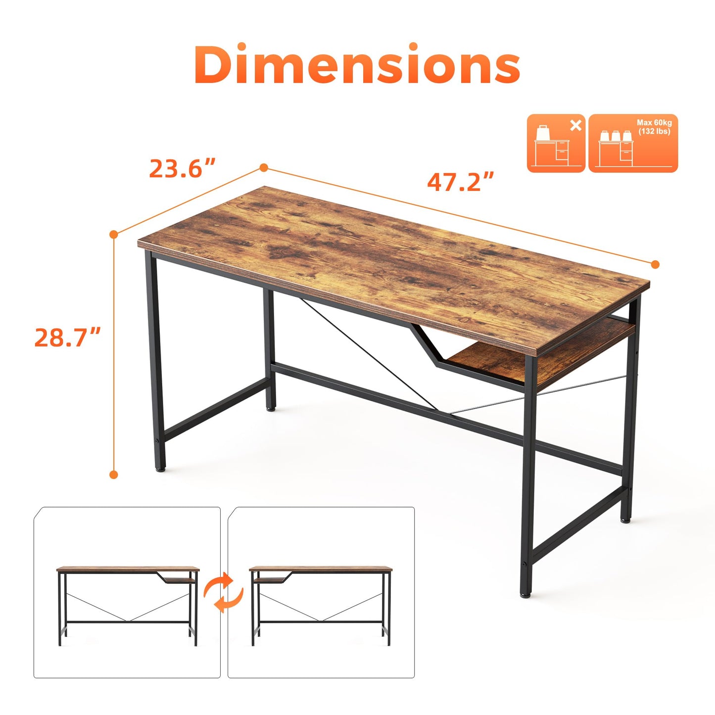 Mericonia Computer Desk, Gaming Desk for Small Spaces, Modern Simple Style Table for Home Office, Study Student Writing Table (Rustic Brown, 48 inch)